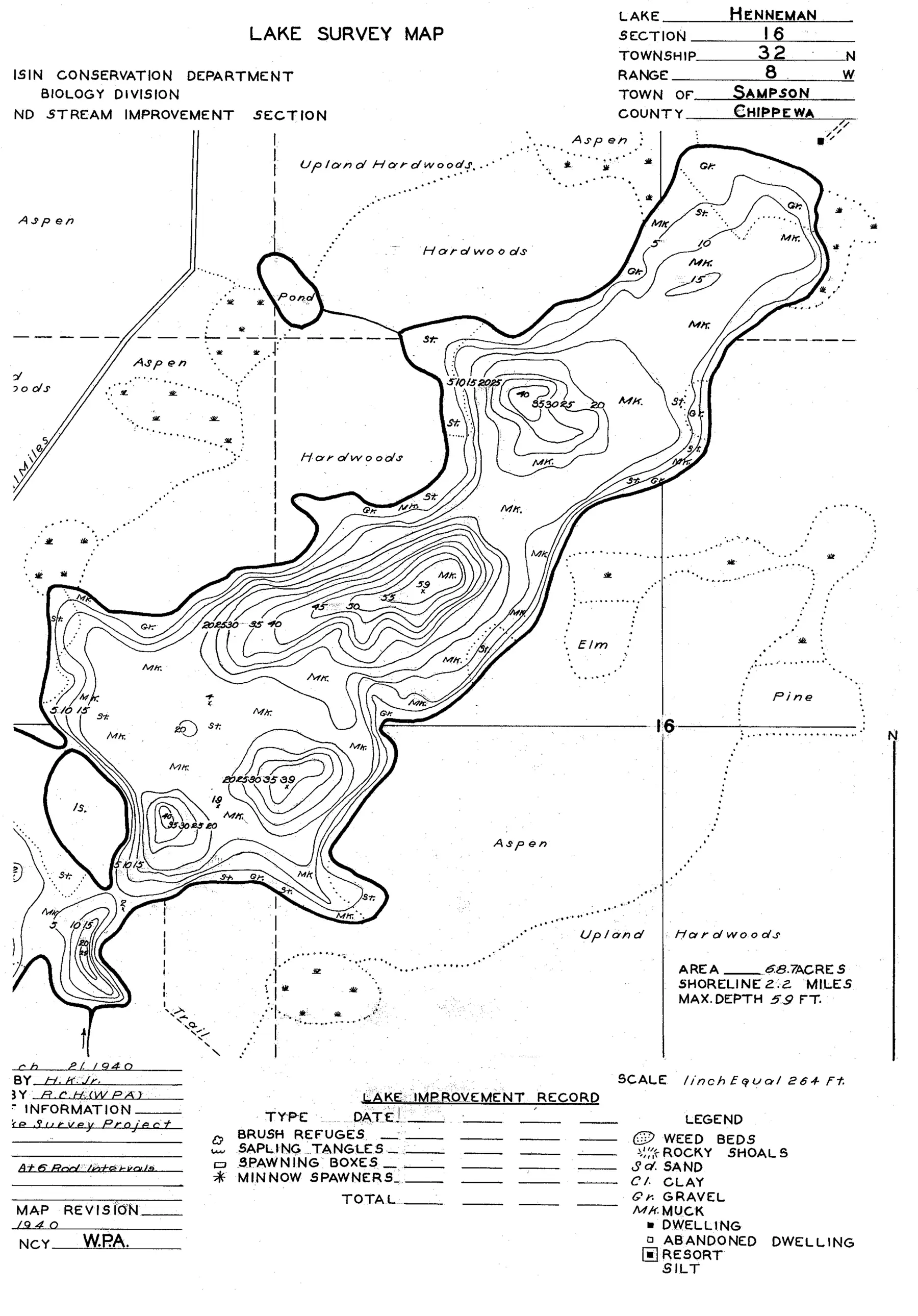 DNR survey map of Henneman Lake, sheet 2 of 3, with depths in feet. Tap to zoom.
