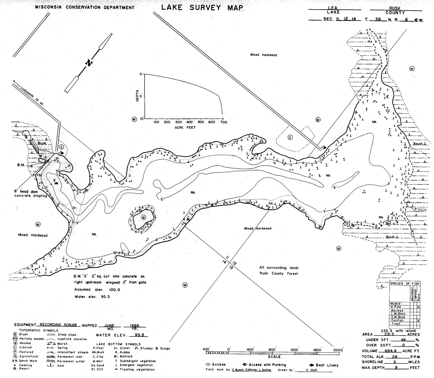 DNR survey map of Lea Flowage (Lea Lake), with depths in feet. Tap to zoom.