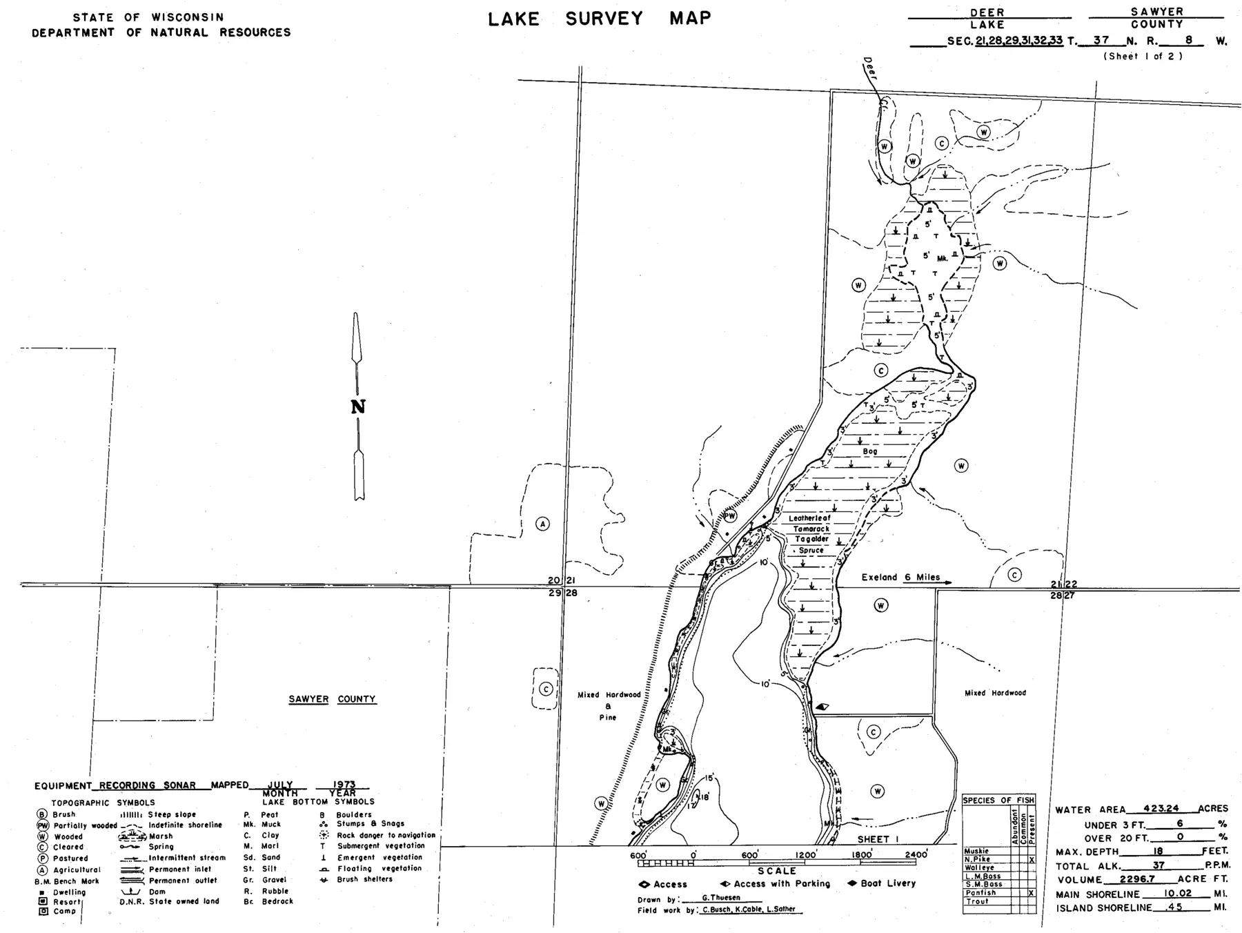 DNR survey map of Deer Lake, sheet 1 of 2, with depths in feet. Tap to zoom.