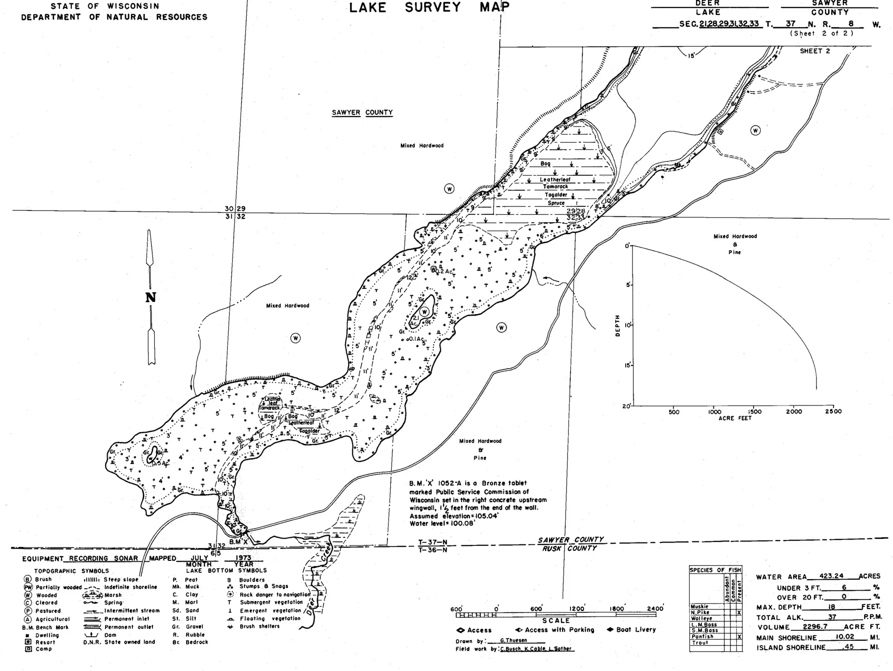 DNR survey map of Deer Lake, sheet 2 of 2, with depths in feet. Tap to zoom.