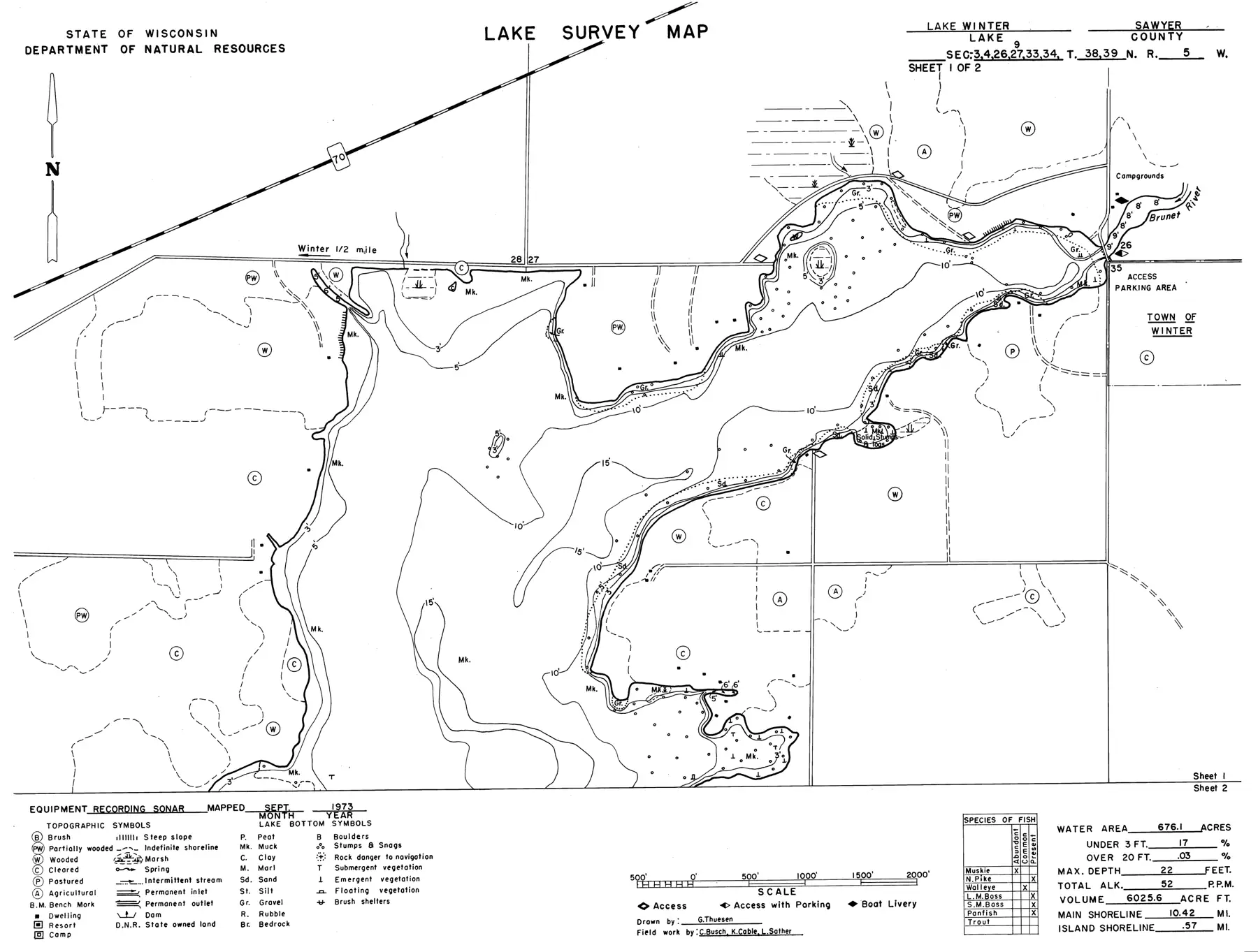 DNR survey map of Winter Lake (Price Flowage), sheet 1 of 2, with depths in feet. Tap to zoom.