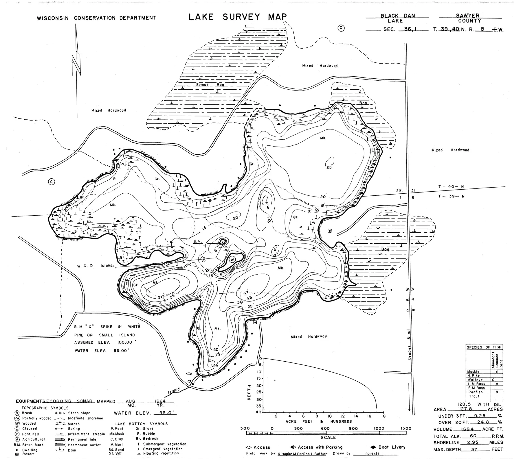 DNR survey map of Black Dan Lake, with depths in feet. Tap to zoom.