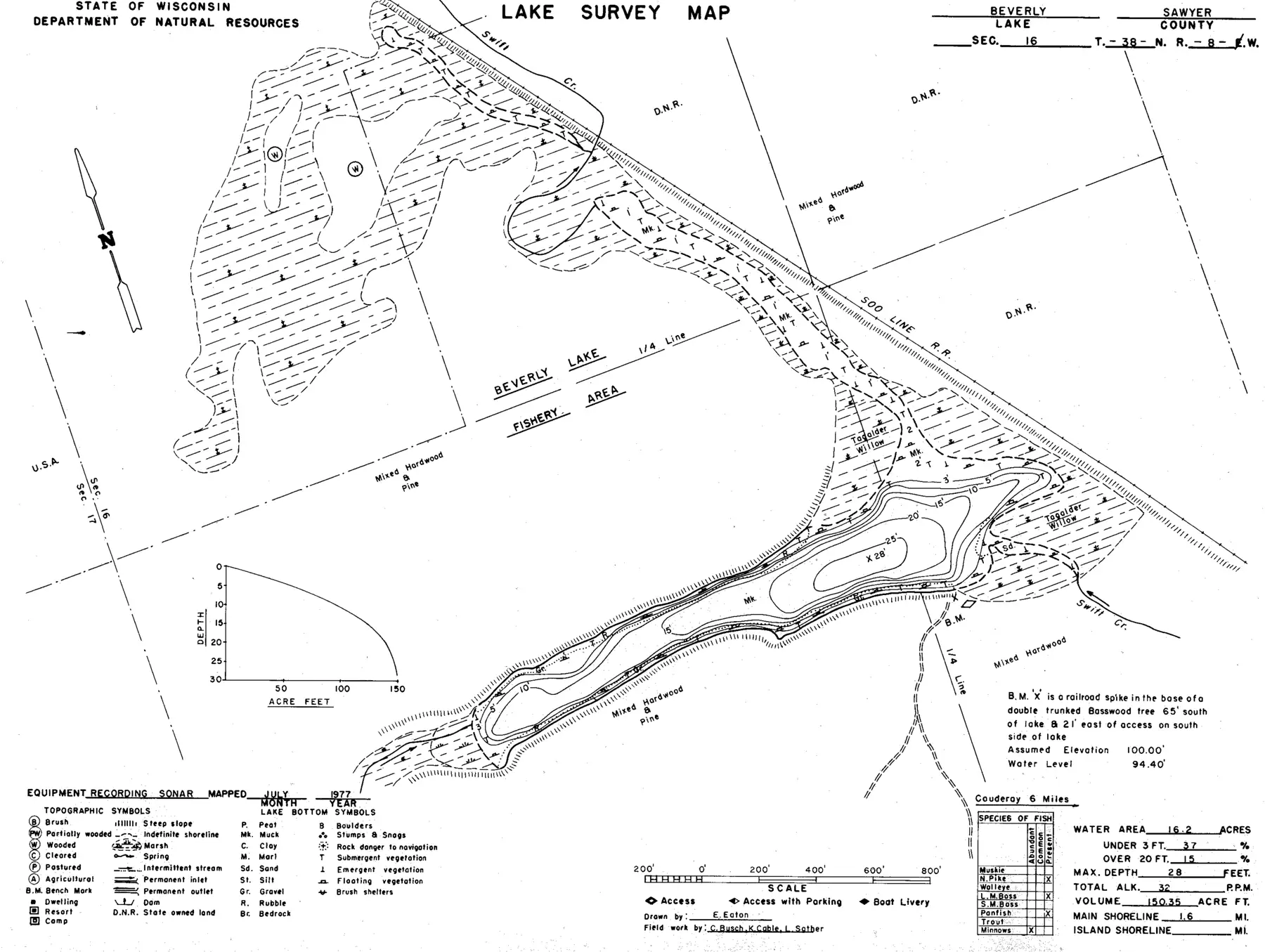 DNR survey map of Beverly Lake, with depths in feet. Tap to zoom.