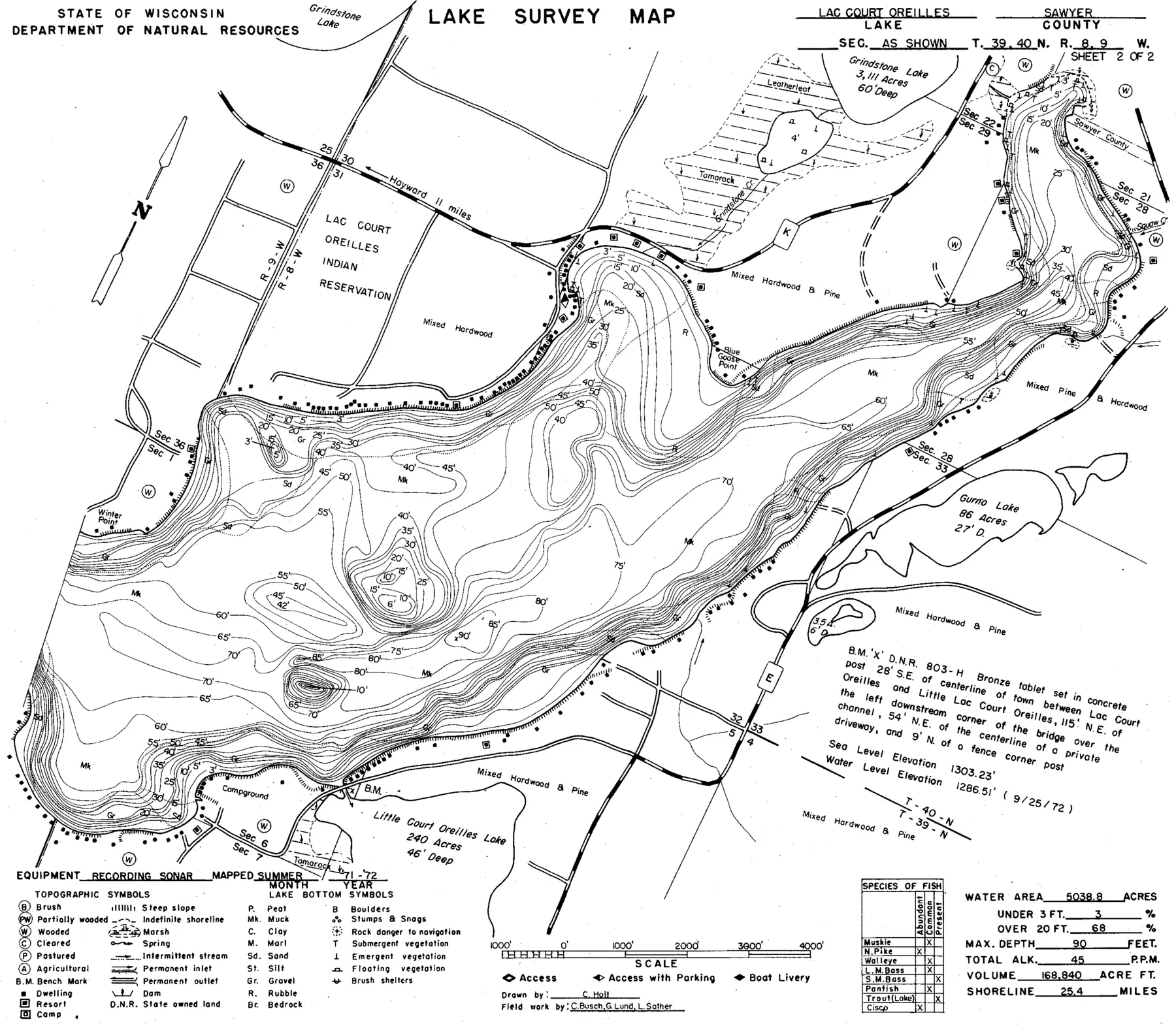 DNR survey map of Lac Courte Oreilles, sheet 2 of 2, with depths in feet. Tap to zoom.