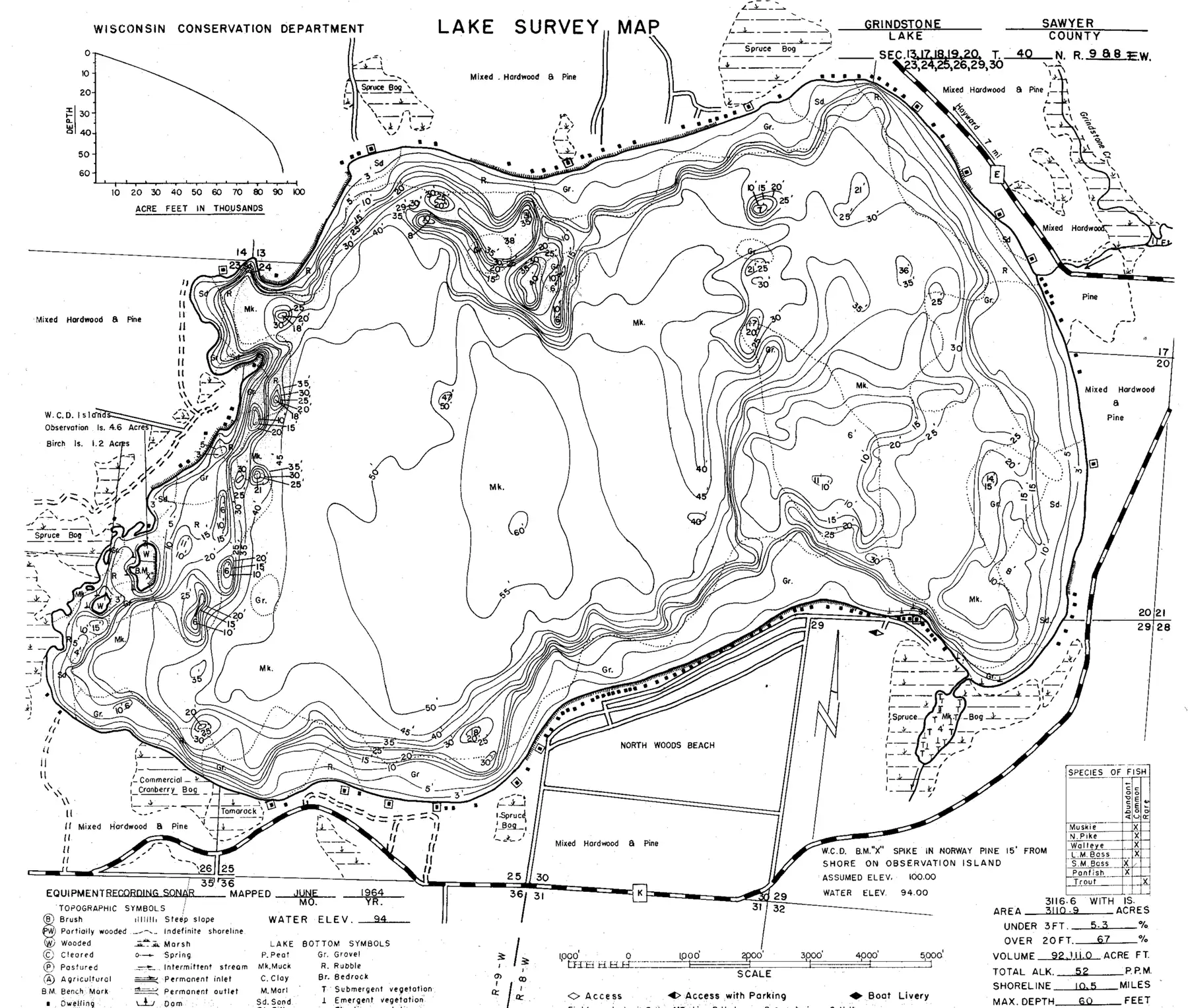 DNR survey map of Grindstone Lake, with depths in feet. Tap to zoom.