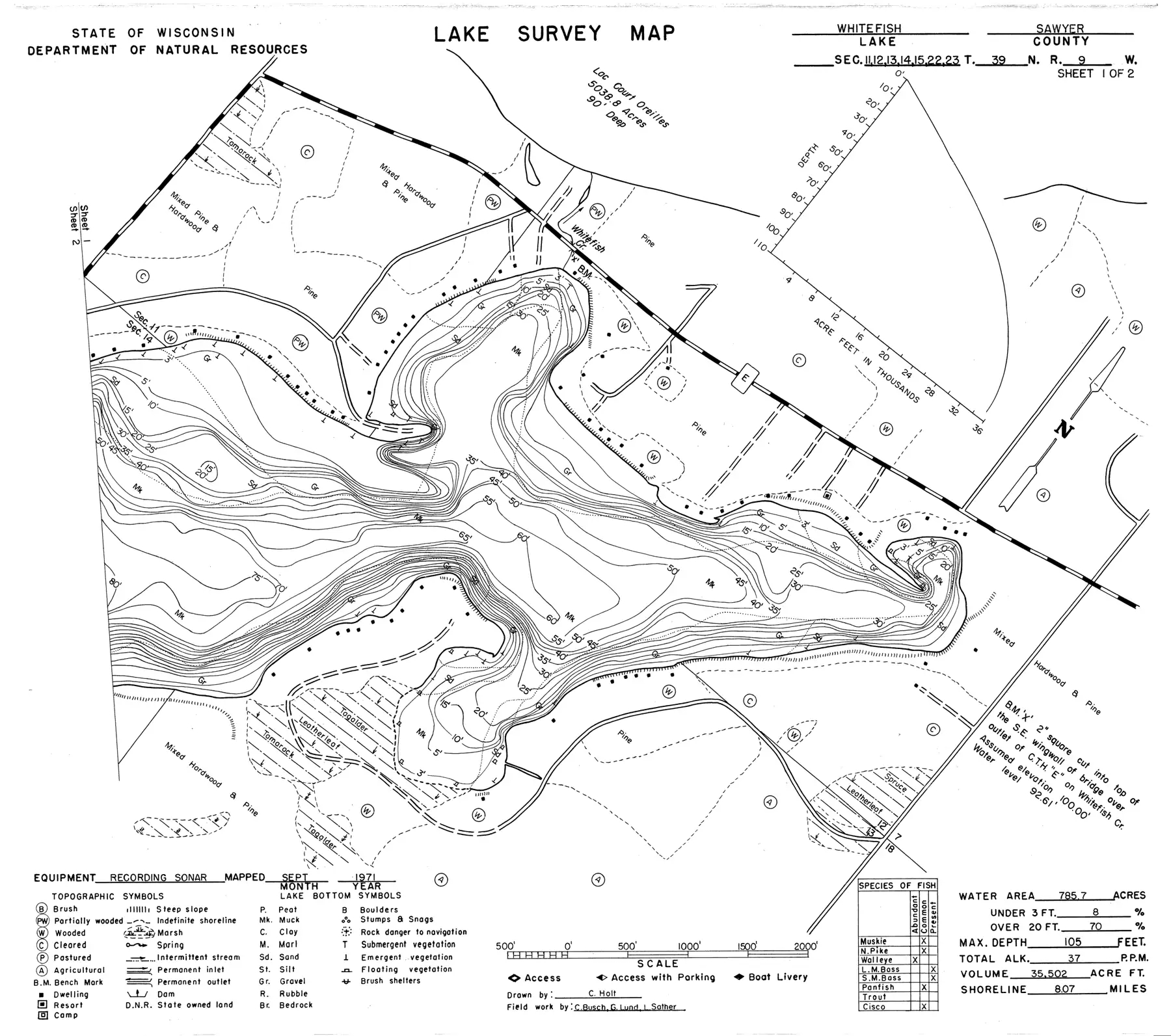 DNR survey map of Whitefish Lake, sheet 1 of 2, with depths in feet. Tap to zoom.