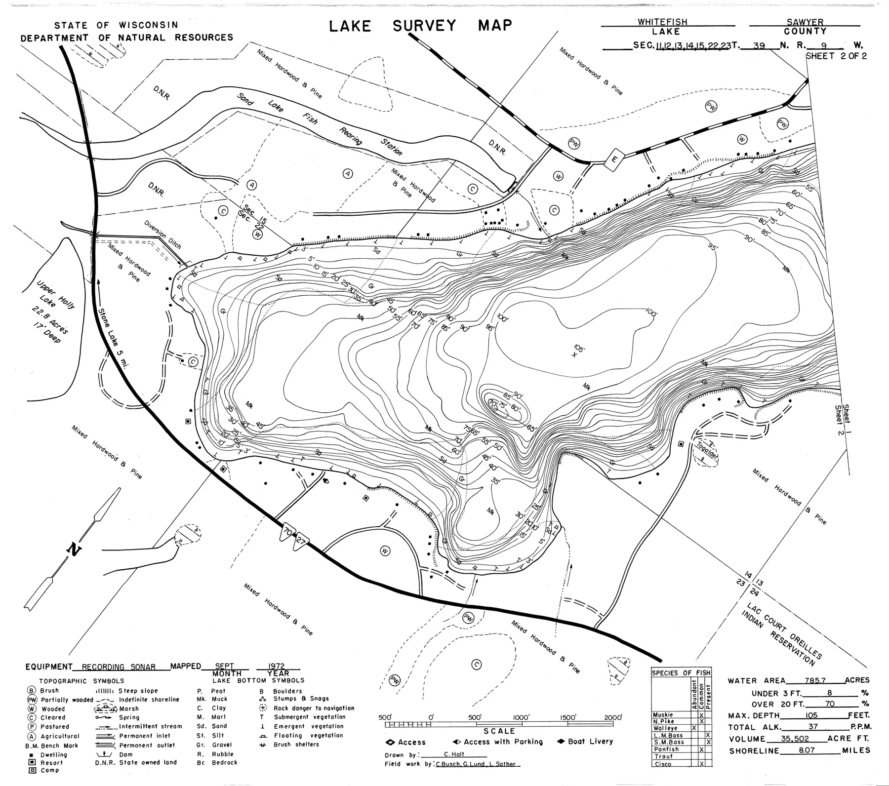 DNR survey map of Whitefish Lake, sheet 2 of 2, with depths in feet. Tap to zoom.