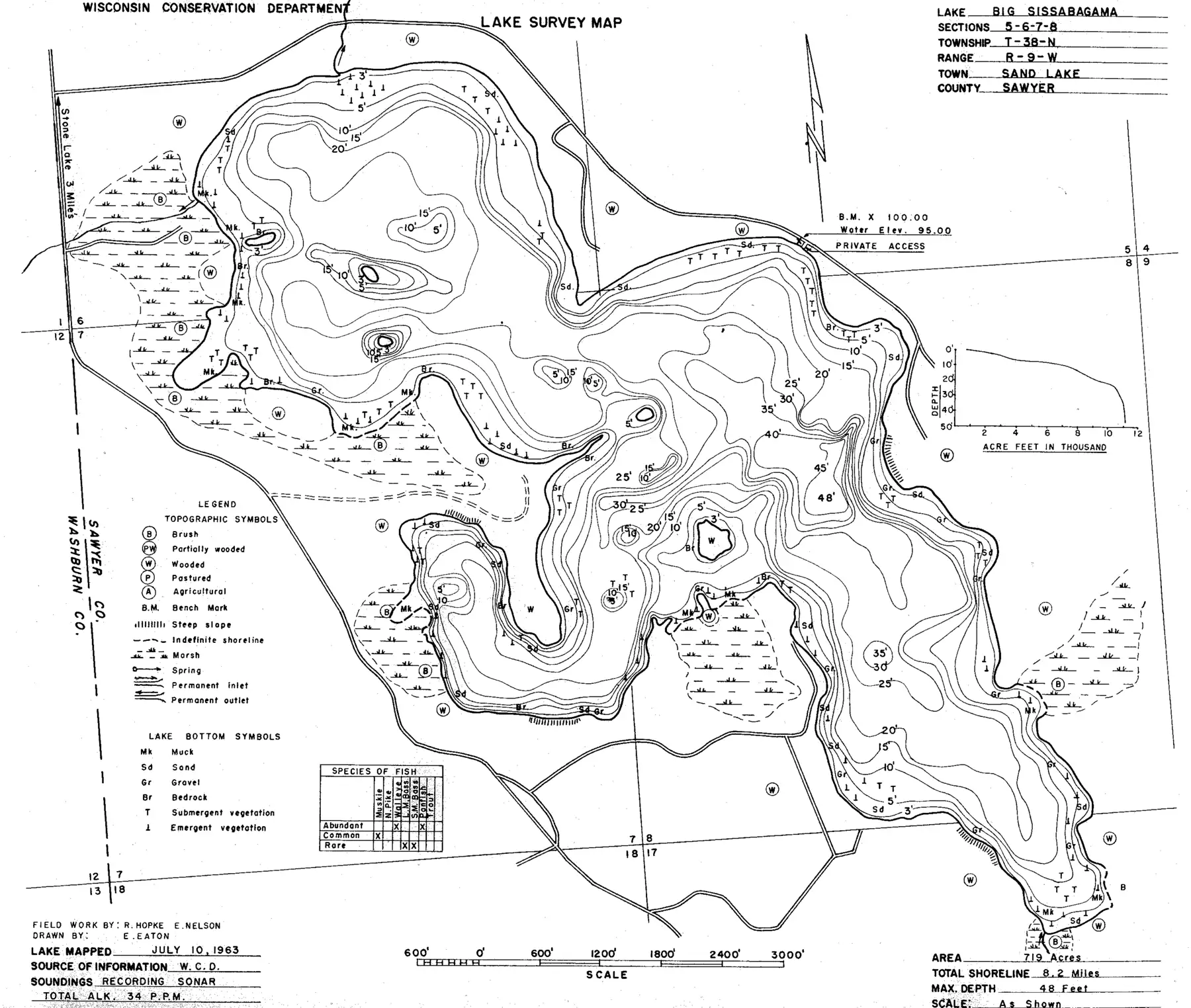 DNR survey map of Sissabagama Lake, with depths in feet. Tap to zoom.
