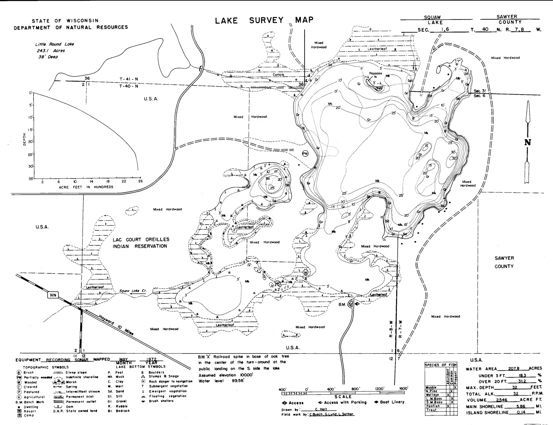 DNR survey map of Osprey Lake, with depths in feet. Tap to zoom.