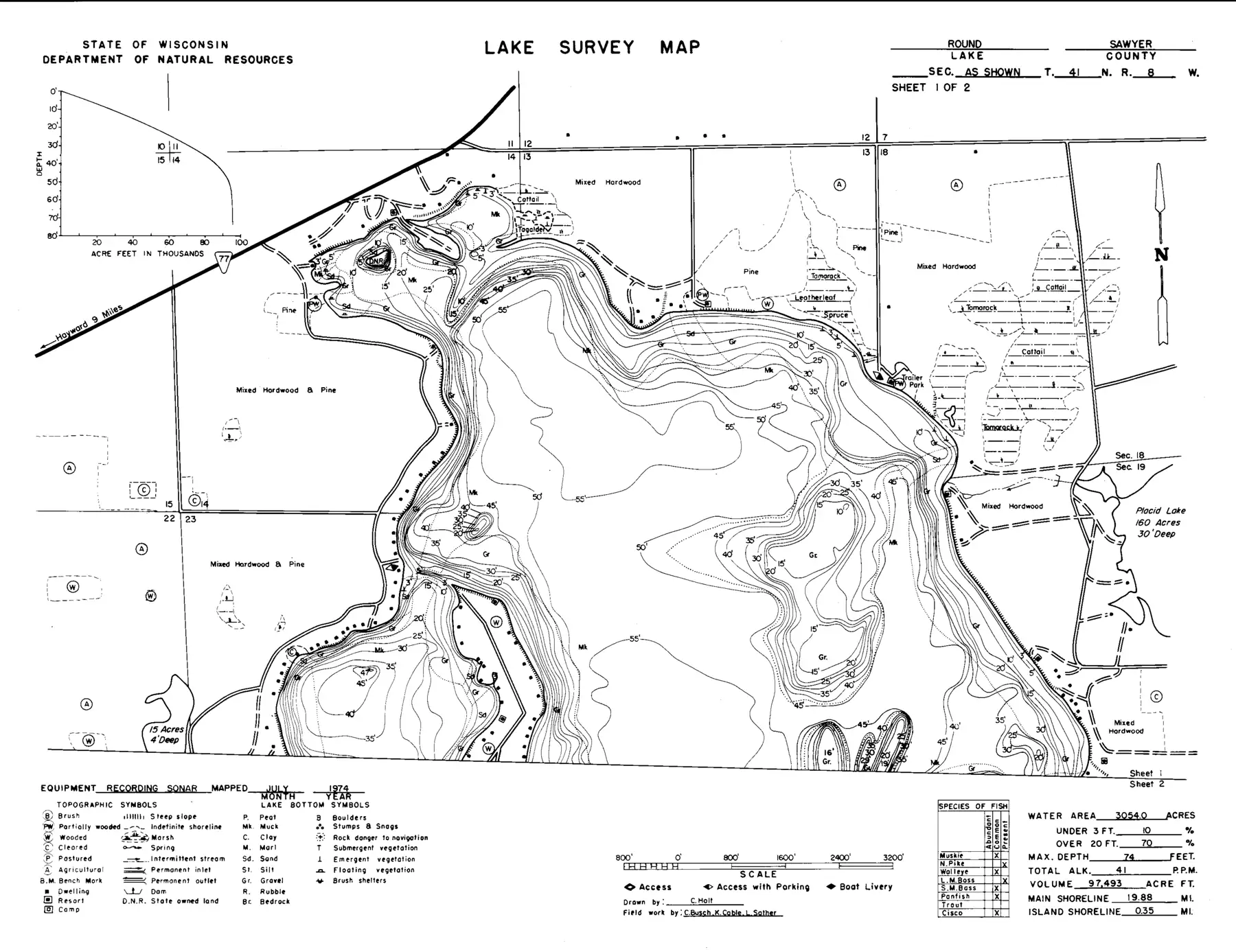 DNR survey map of Round Lake, sheet 1 of 2, with depths in feet. Tap to zoom.