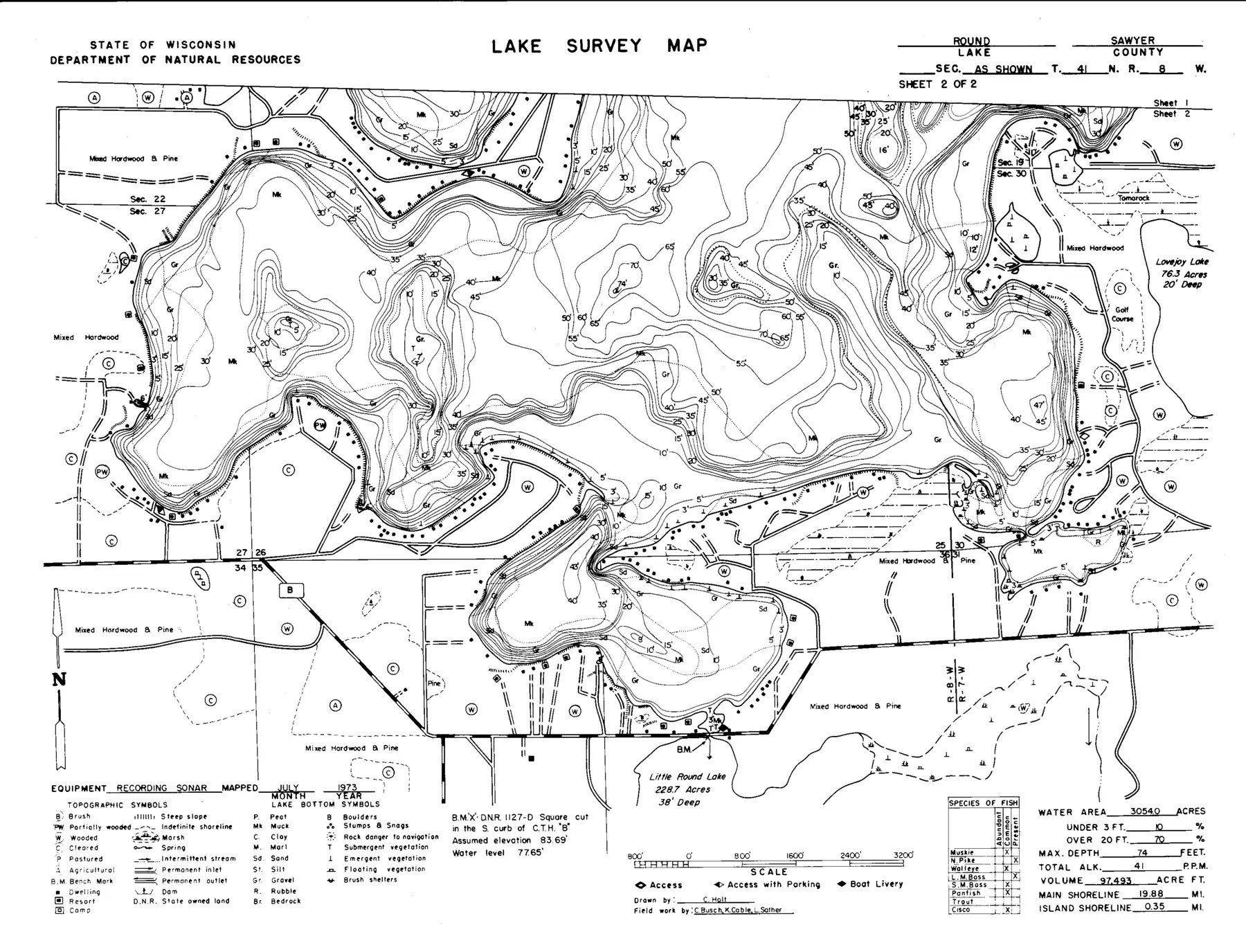 DNR survey map of Round Lake, sheet 2 of 2, with depths in feet. Tap to zoom.