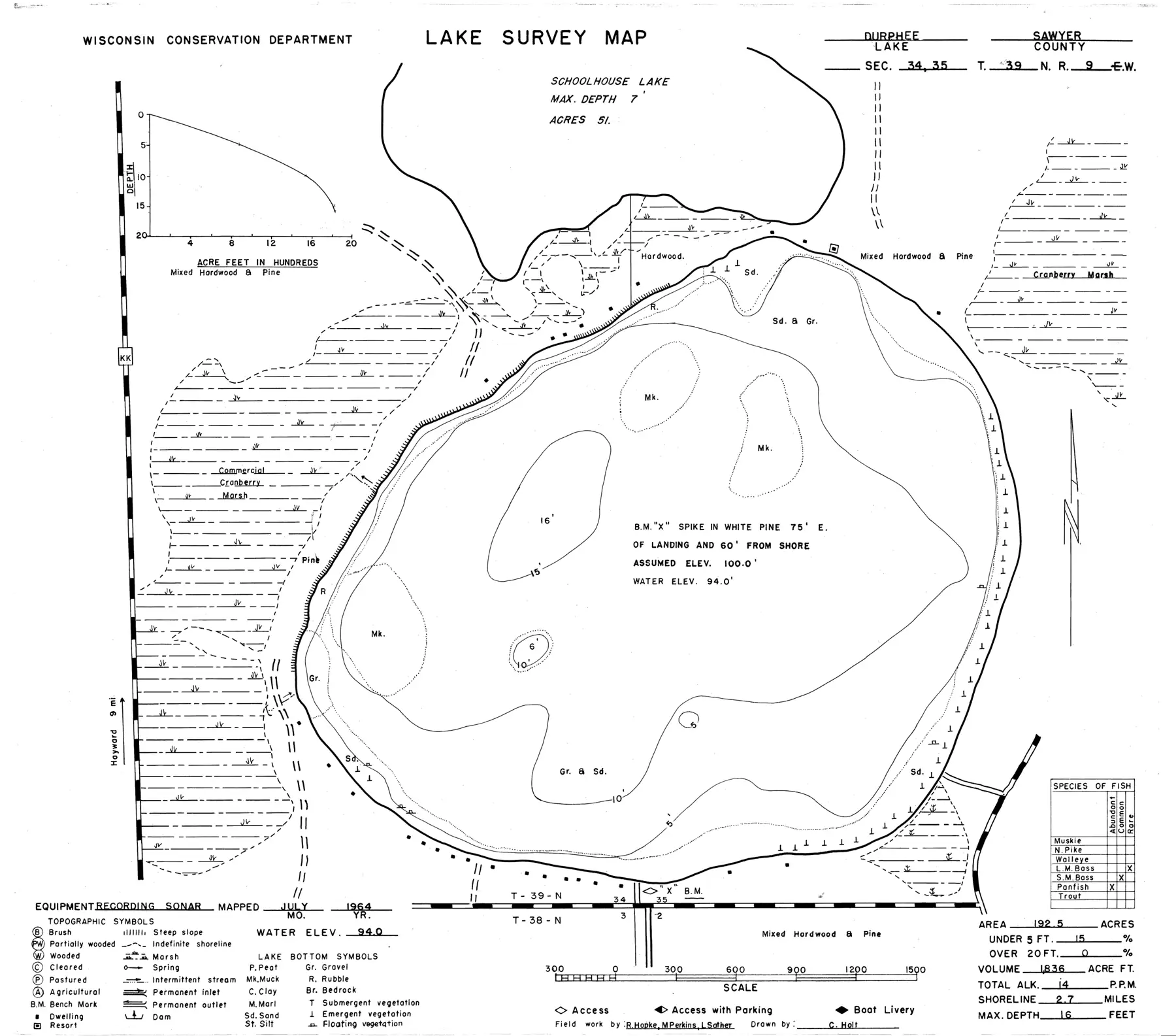 DNR survey map of Durphee Lake, with depths in feet. Tap to zoom.