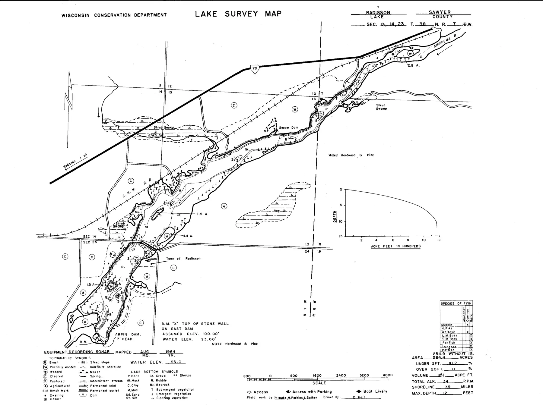DNR survey map of Radisson Flowage, with depths in feet. Tap to zoom.