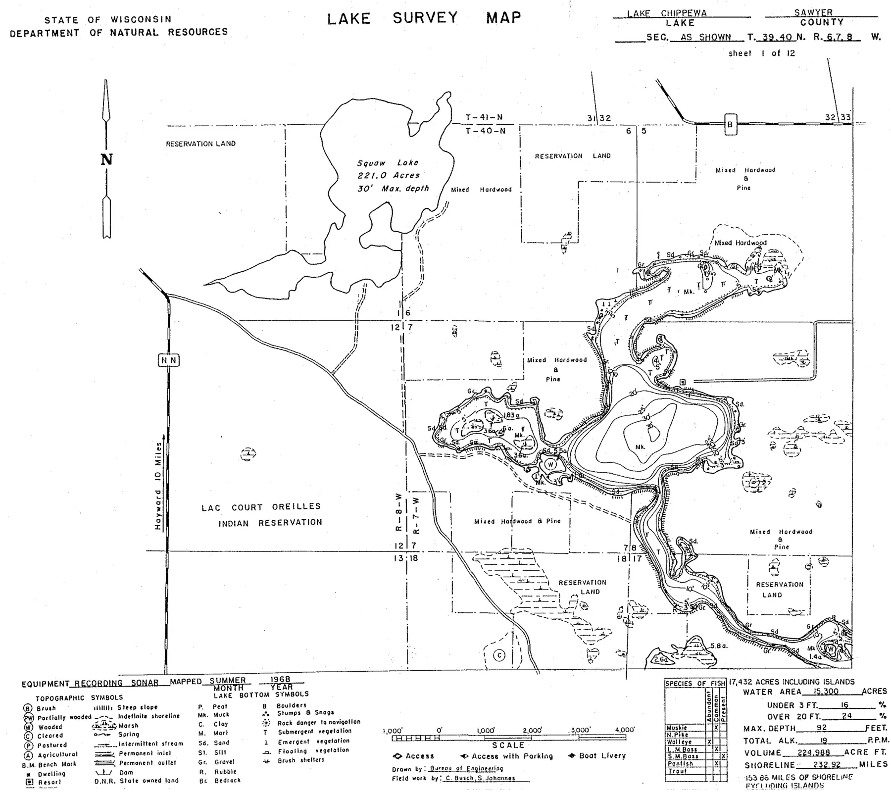 DNR survey map of Lake Chippewa, sheet 1 of 12, with depths in feet. Tap to zoom.