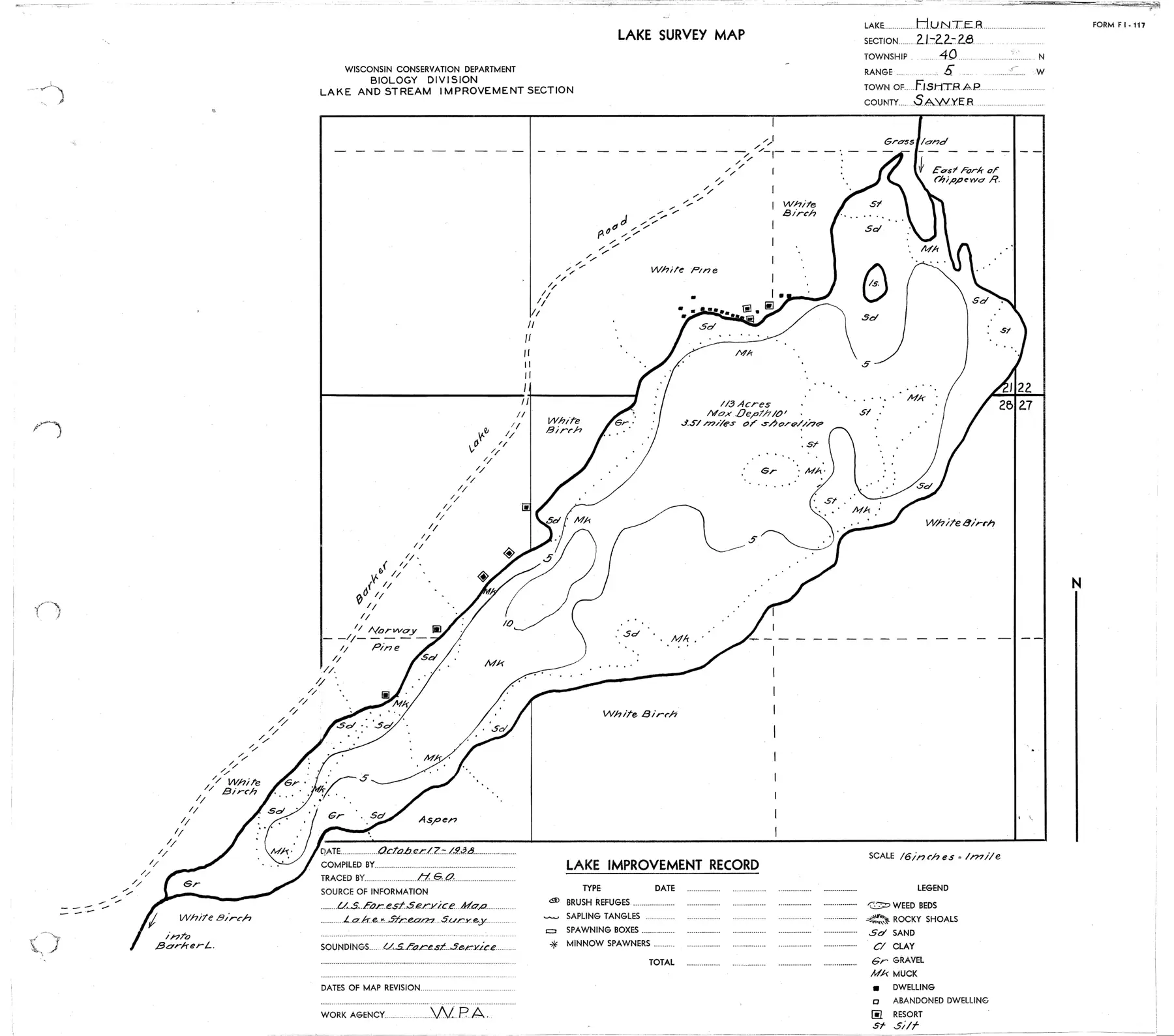 DNR survey map of Hunter Lake, with depths in feet. Tap to zoom.