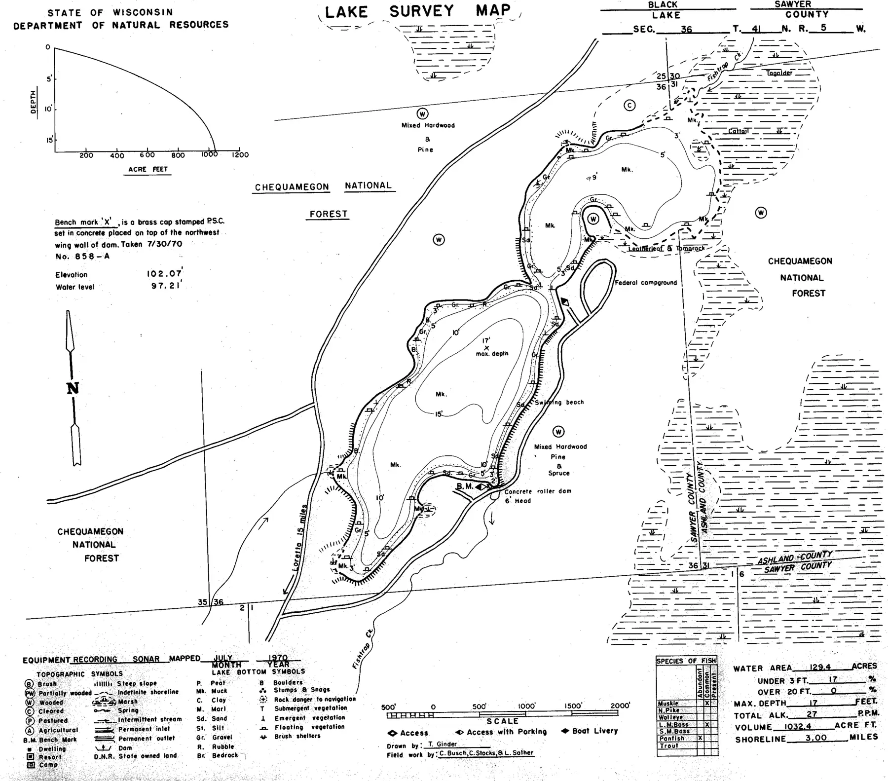 DNR survey map of Black Lake, with depths in feet. Tap to zoom.