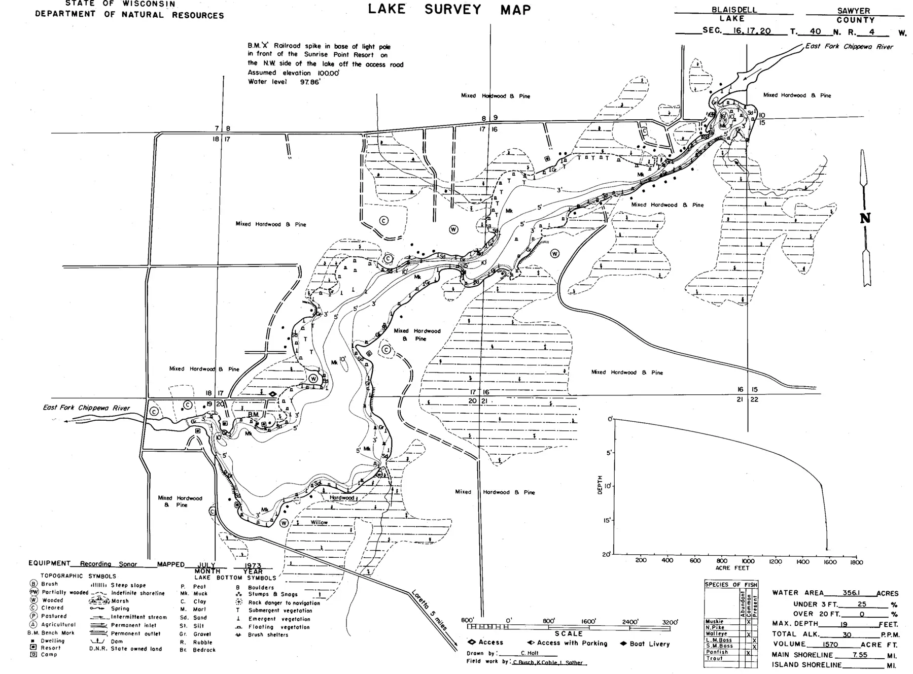 DNR survey map of Blaisdell Lake, with depths in feet. Tap to zoom.