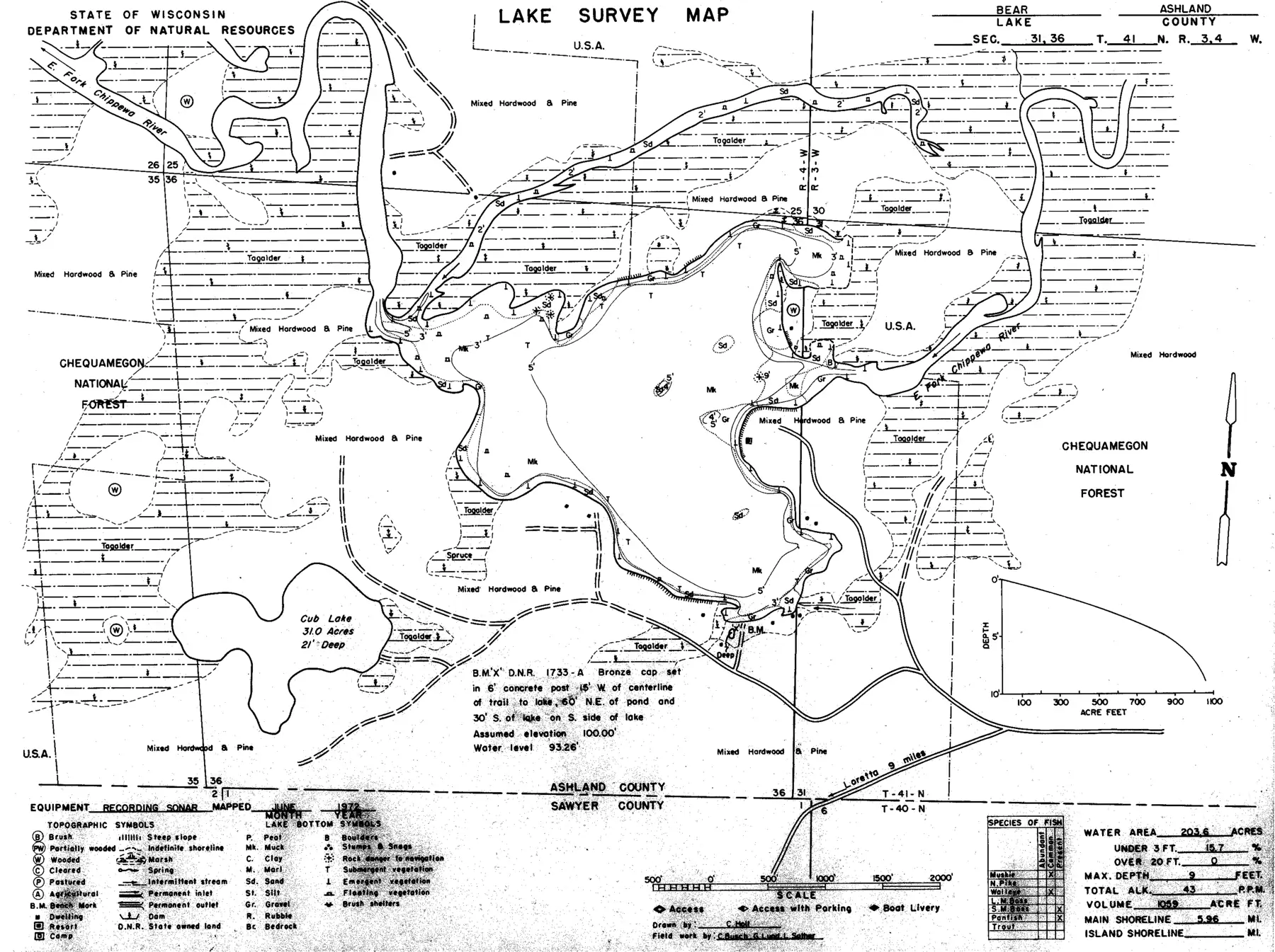 DNR survey map of Bear Lake, with depths in feet. Tap to zoom.