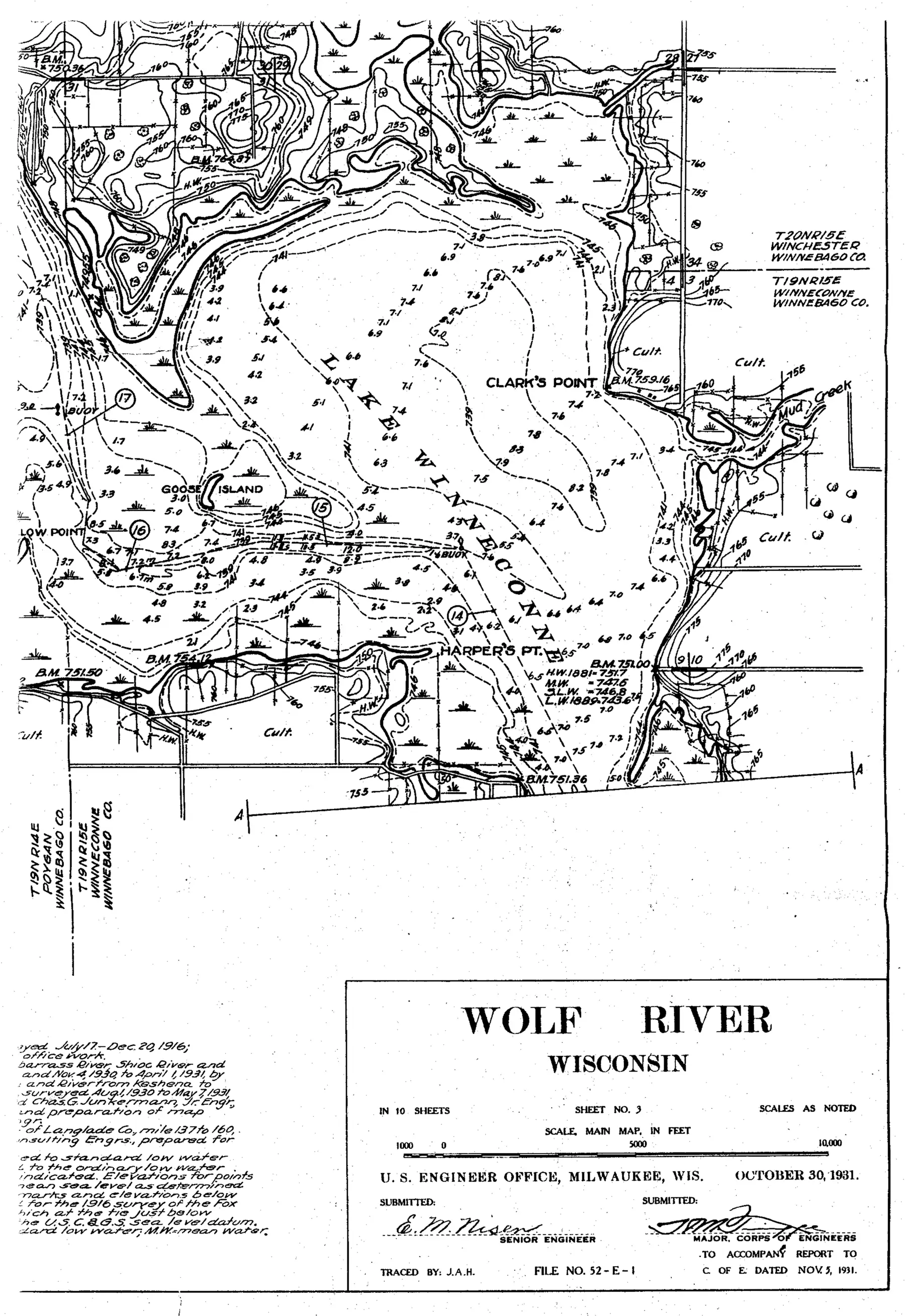 DNR survey map of Lake Winneconne, sheet 1 of 3, with depths in feet. Tap to zoom.