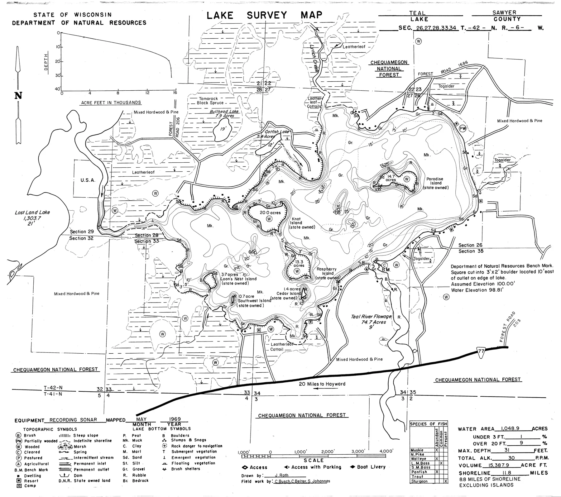 DNR survey map of Teal Lake, with depths in feet. Tap to zoom.