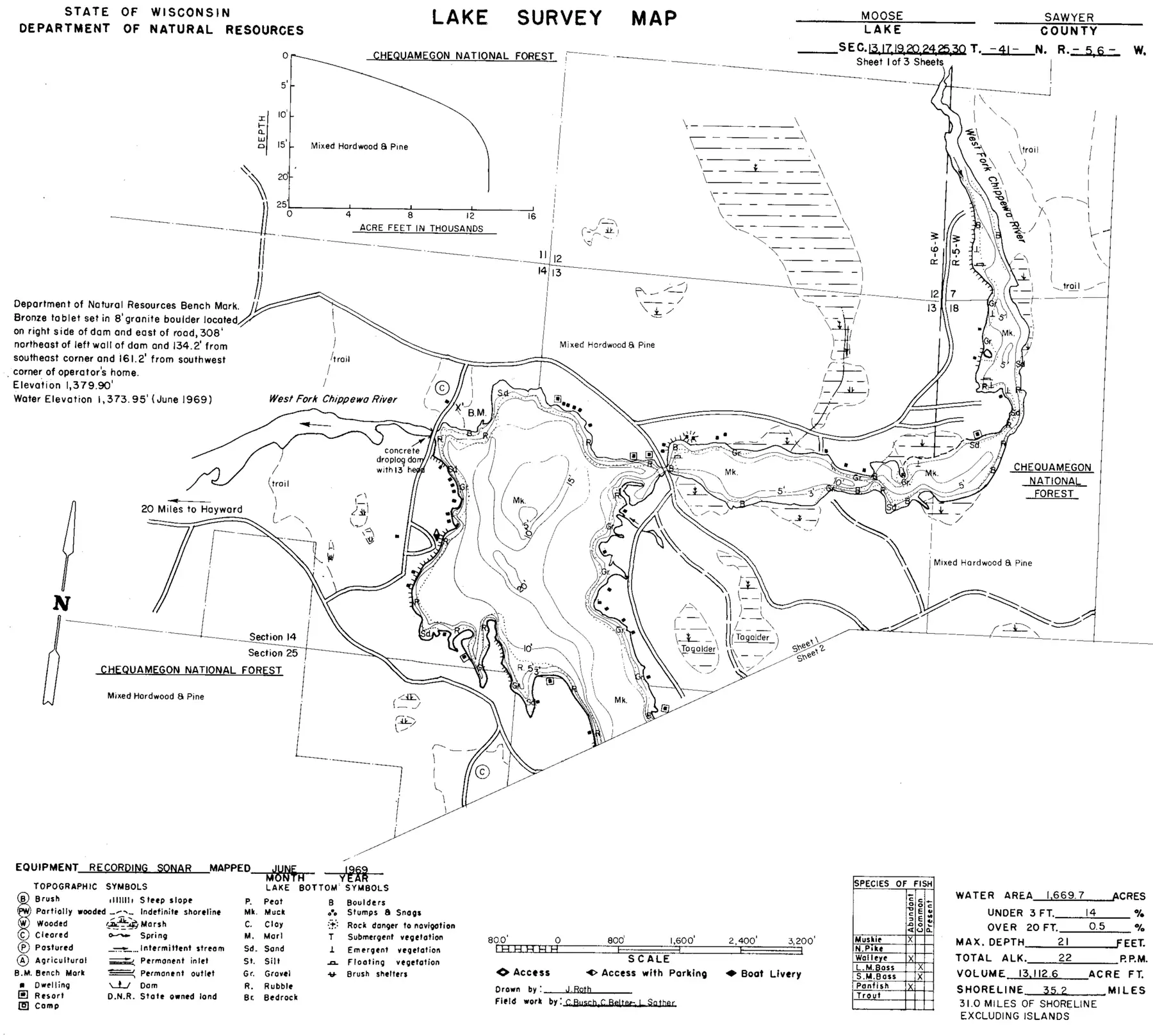 DNR survey map of Moose Lake, sheet 1 of 3, with depths in feet. Tap to zoom.