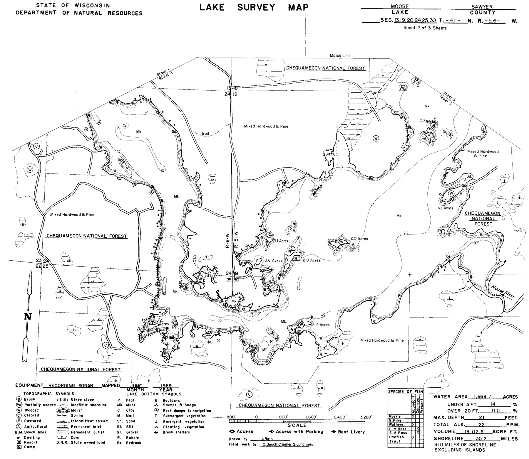 DNR survey map of Moose Lake, sheet 2 of 3, with depths in feet. Tap to zoom.