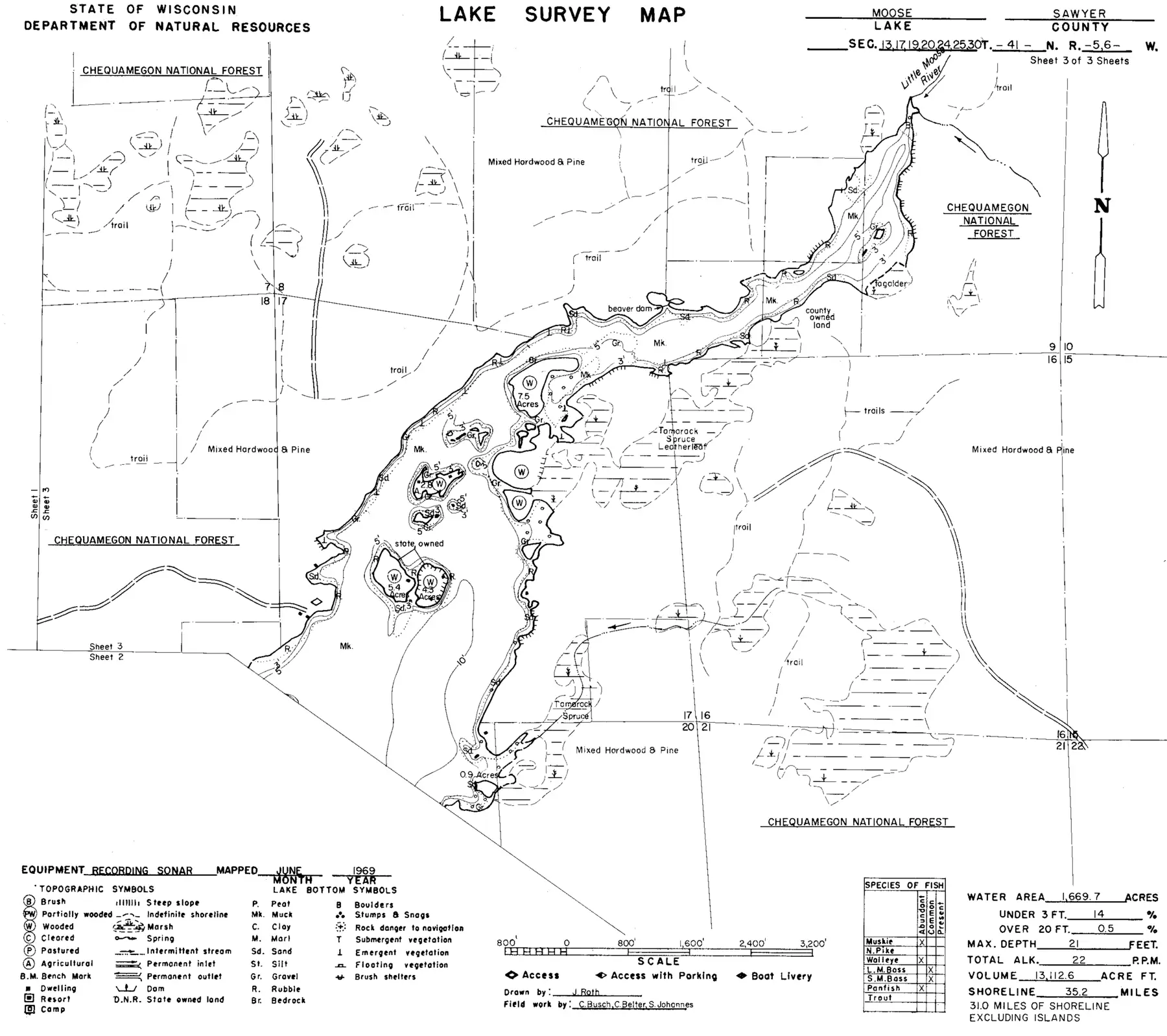 DNR survey map of Moose Lake, sheet 3 of 3. Tap to zoom.