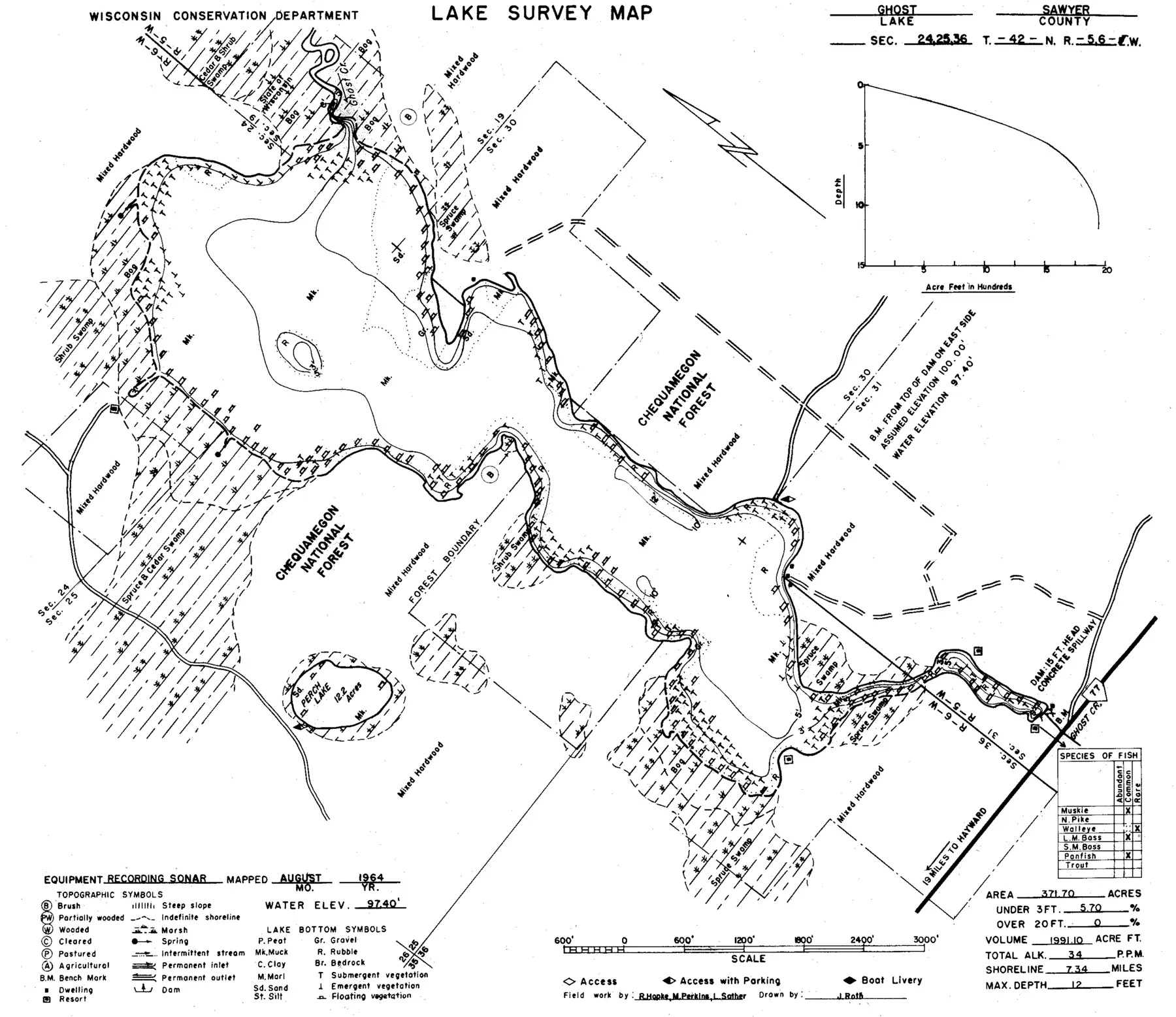 DNR survey map of Ghost Lake, with depths in feet. Tap to zoom.