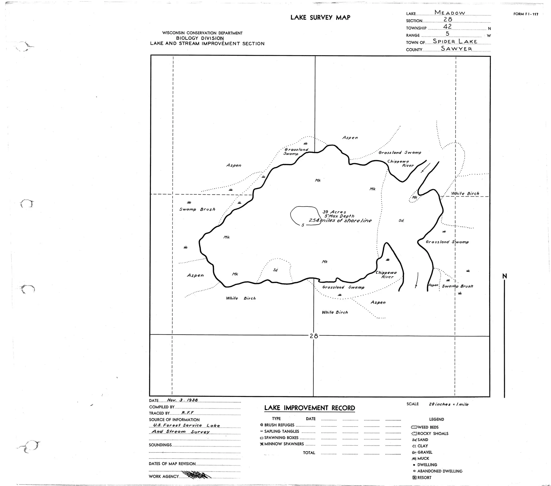 DNR survey map of Meadow Lake, with depths in feet. Tap to zoom.