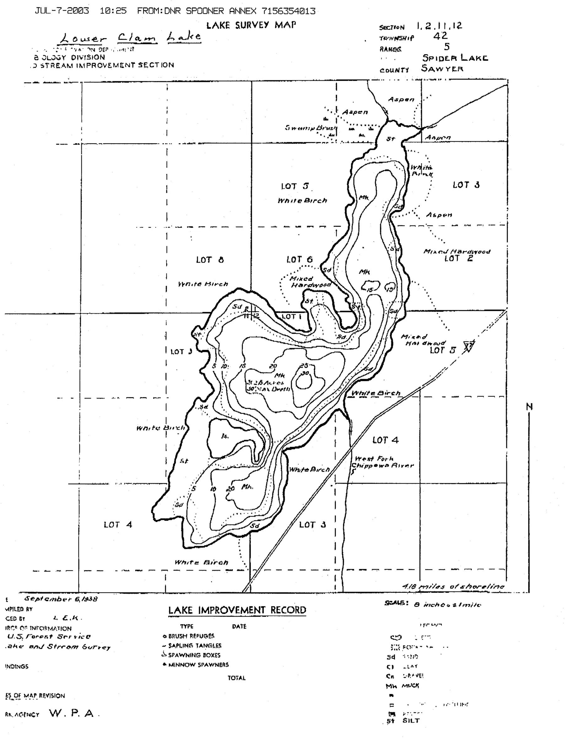 DNR survey map of Lower Clam Lake, with depths in feet. Tap to zoom.