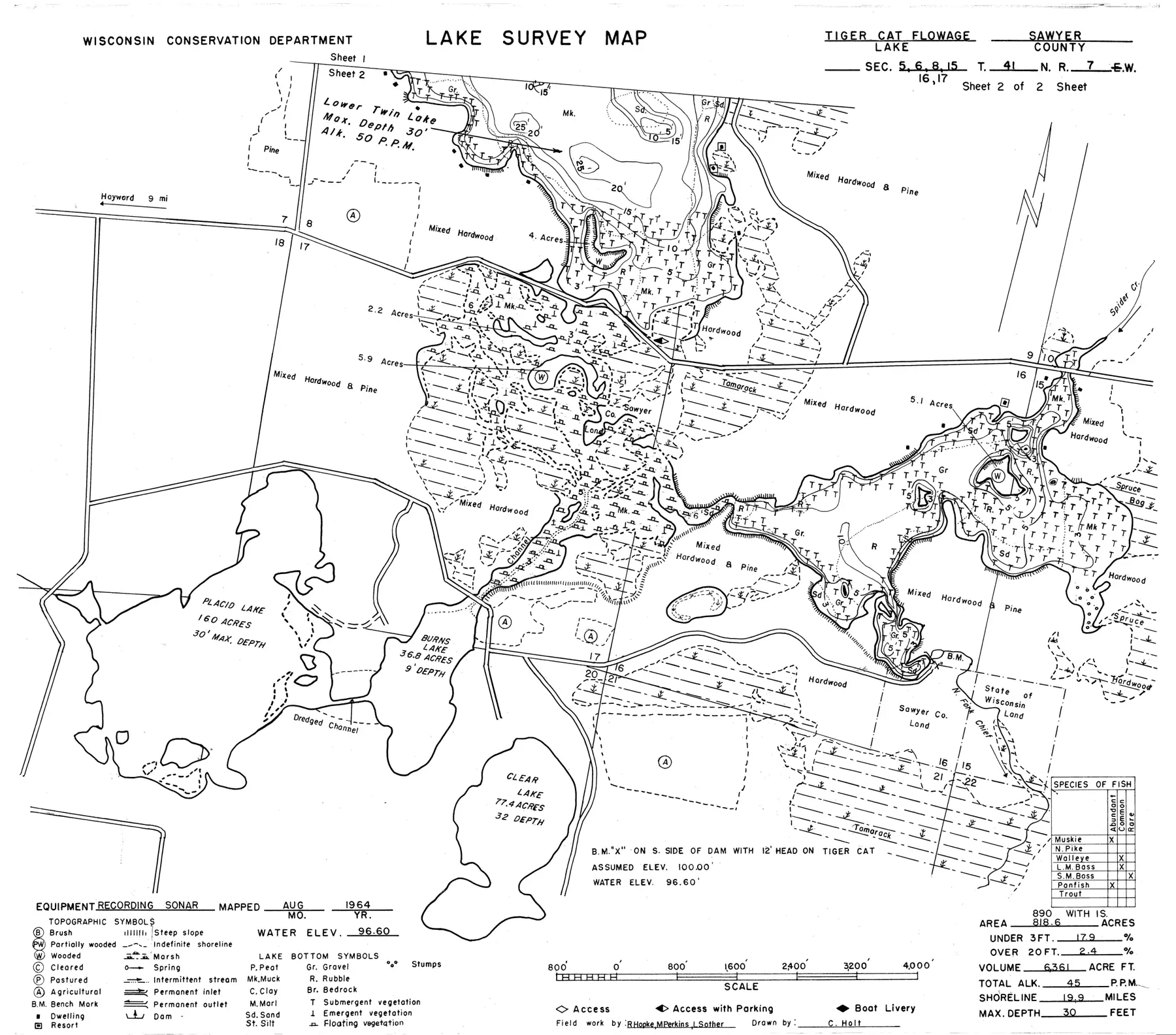 DNR survey map of Tiger Cat Flowage, sheet 2 of 2, with depths in feet. Tap to zoom.