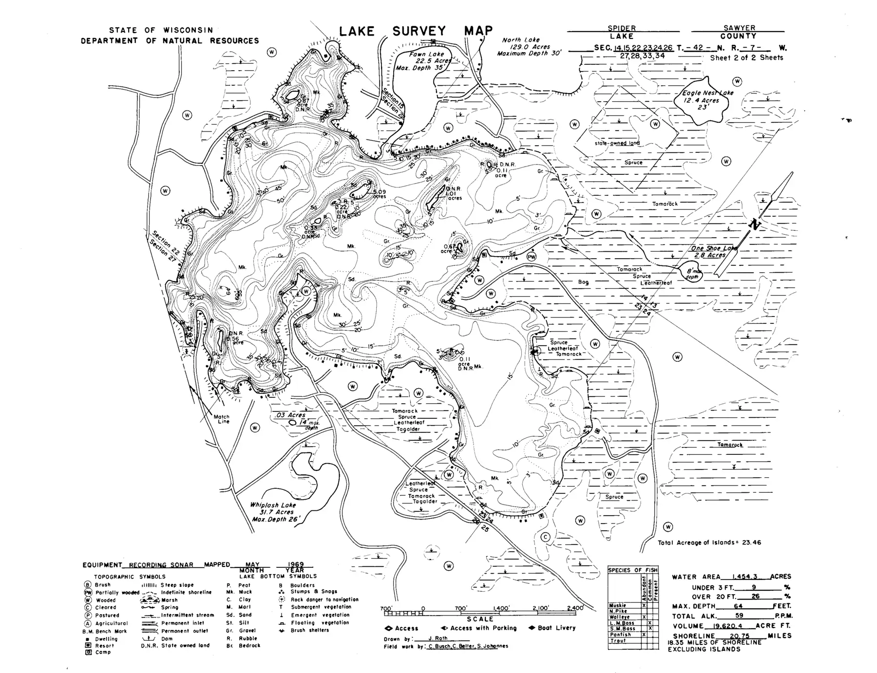 DNR survey map of Spider Lake, sheet 2 of 2, with depths in feet. Tap to zoom.