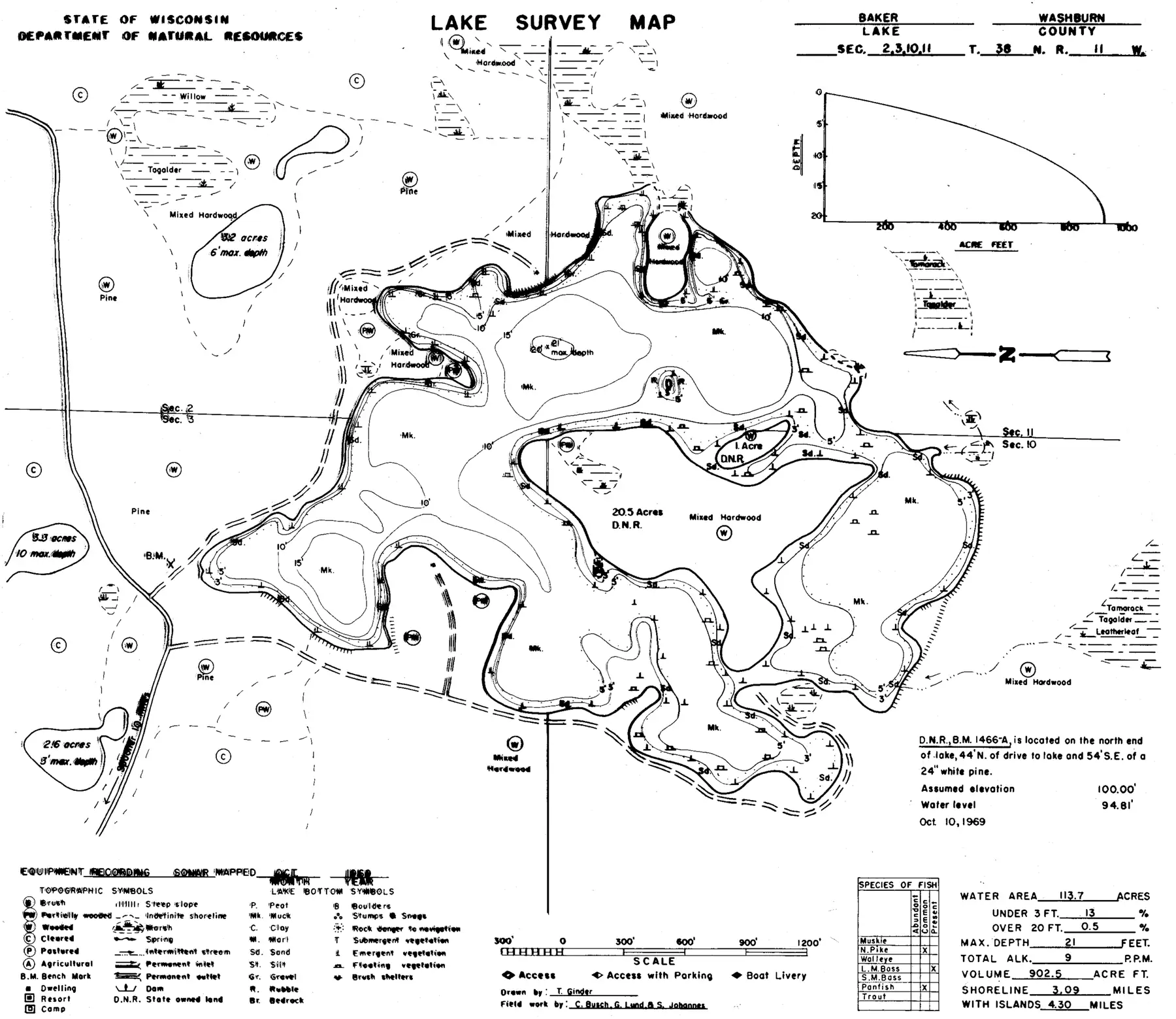 DNR survey map of Baker Lake, with depths in feet. Tap to zoom.