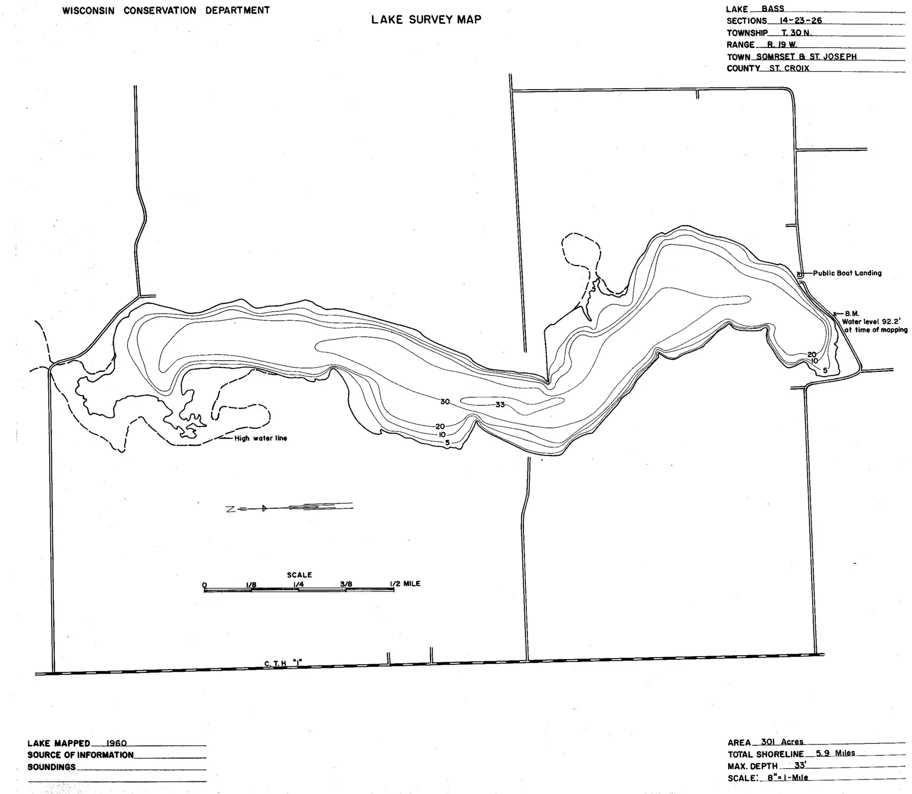 DNR survey map of Bass Lake, with depths in feet. Tap to zoom.