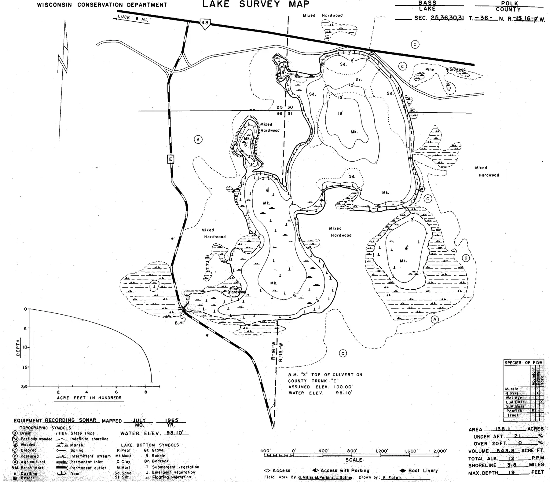 DNR survey map of Bass Lake, with depths in feet. Tap to zoom.