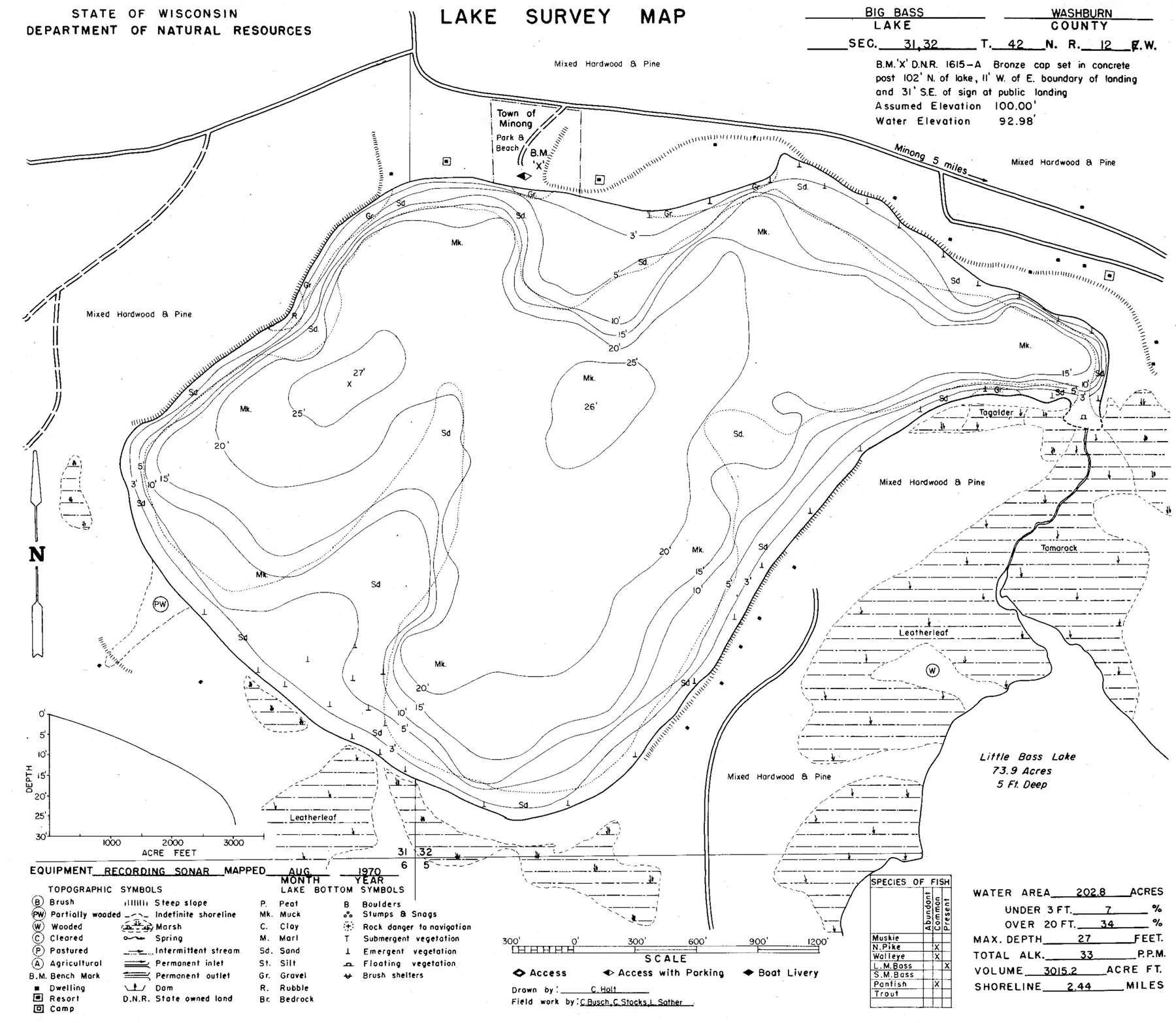 DNR survey map of Big Bass Lake, with depths in feet. Tap to zoom.