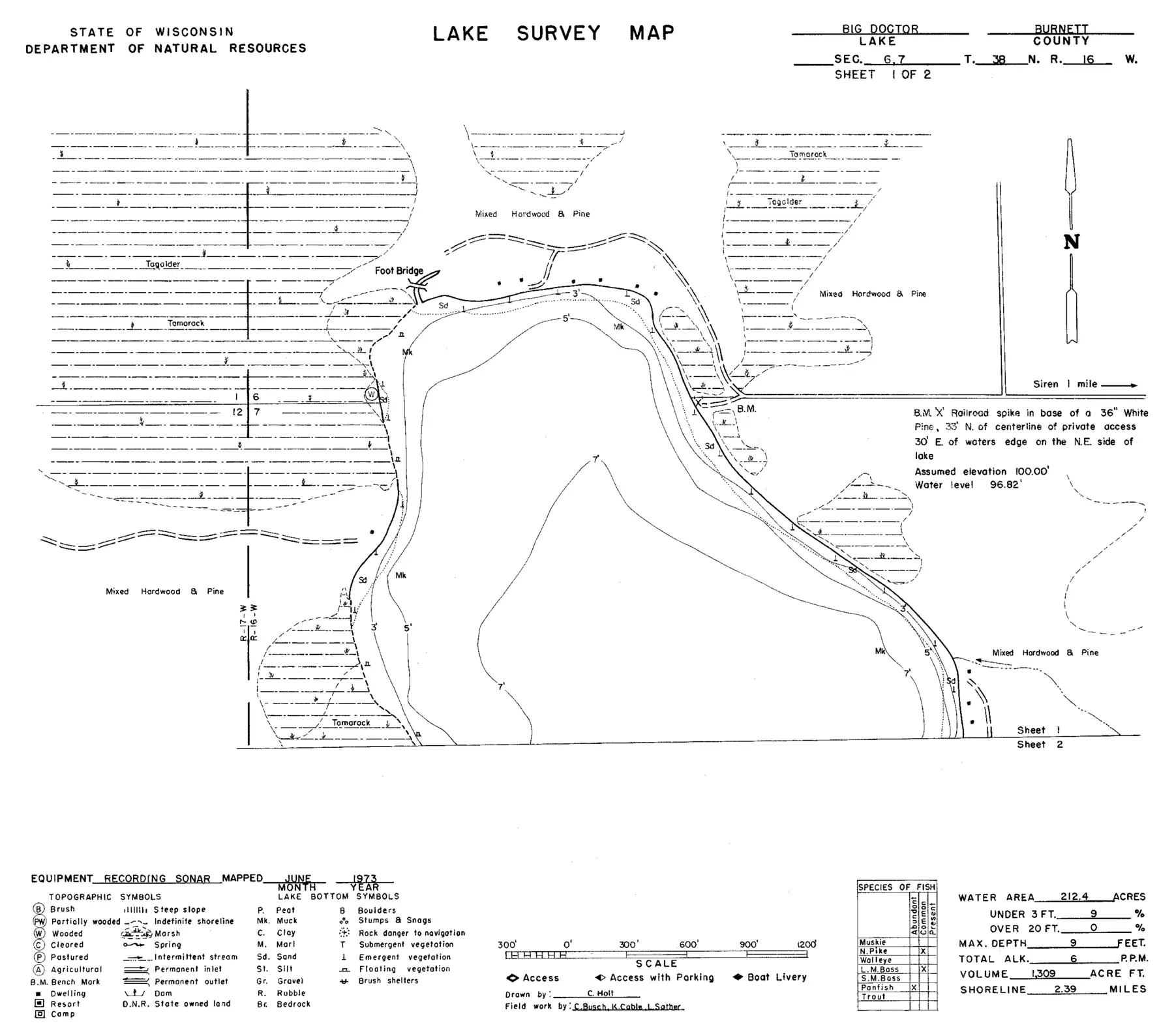 DNR survey map of Big Doctor Lake, sheet 1 of 2, with depths in feet. Tap to zoom.