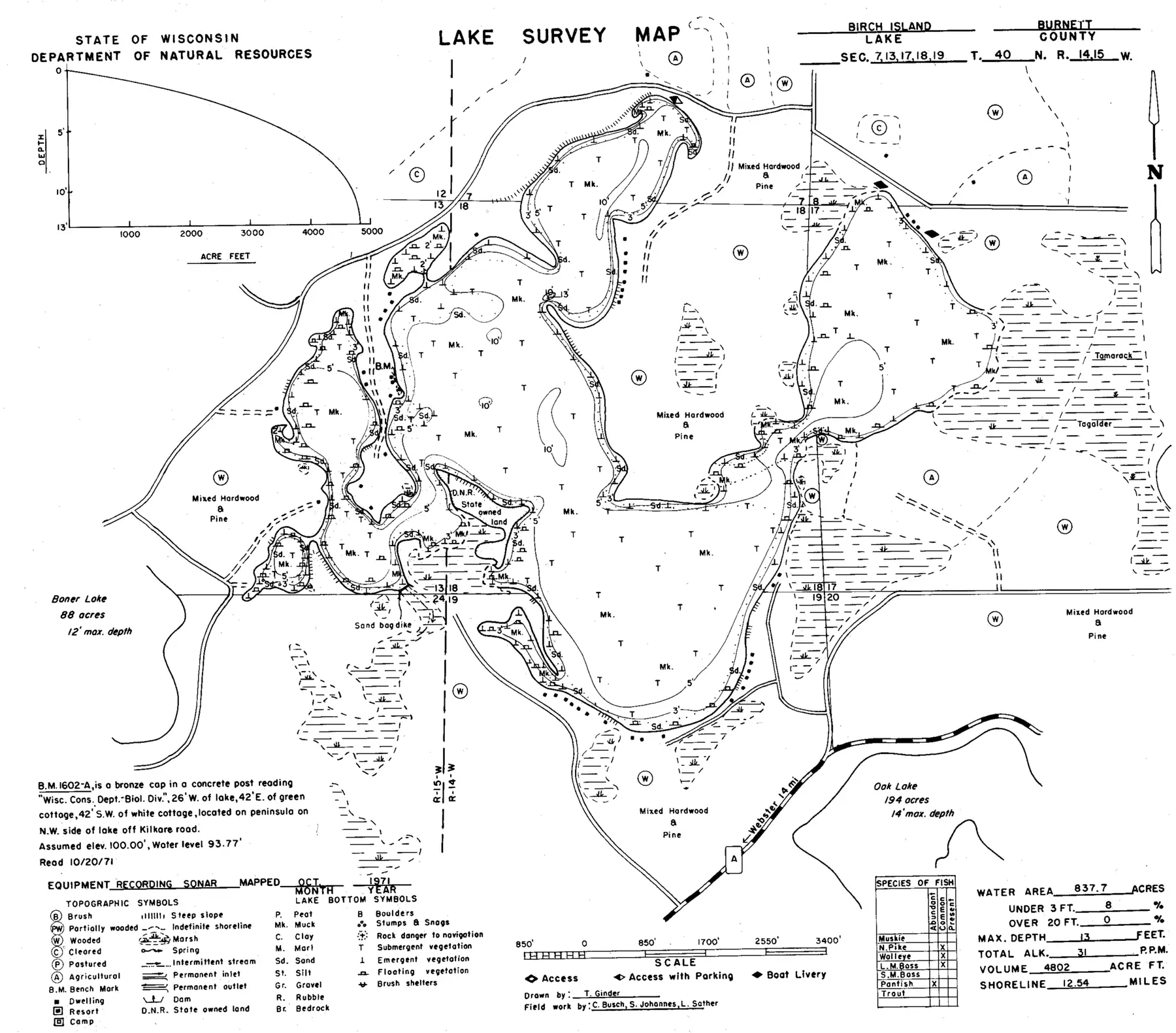 DNR survey map of Birch Island Lake, with depths in feet. Tap to zoom.