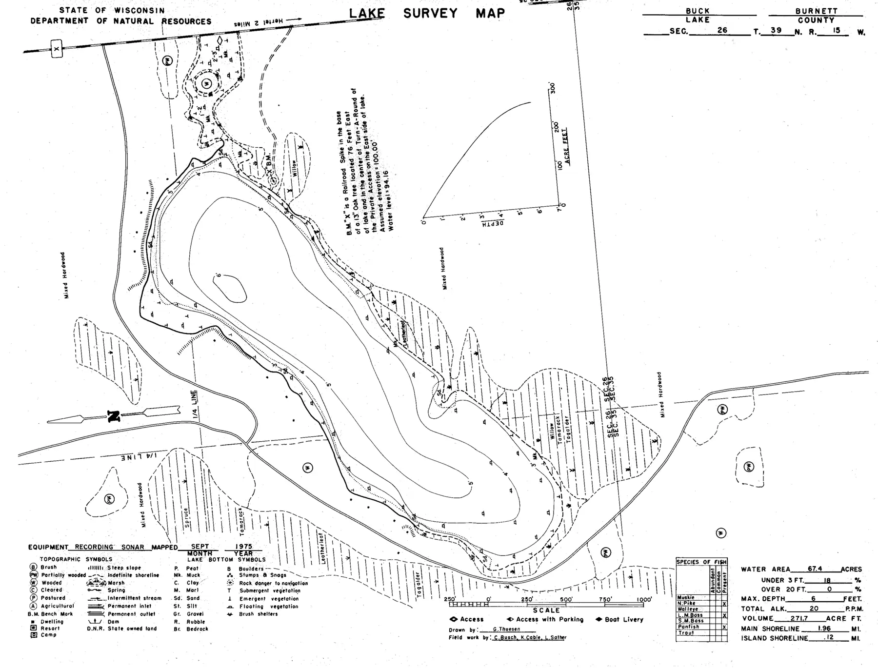 DNR survey map of Buck Lake, with depths in feet. Tap to zoom.