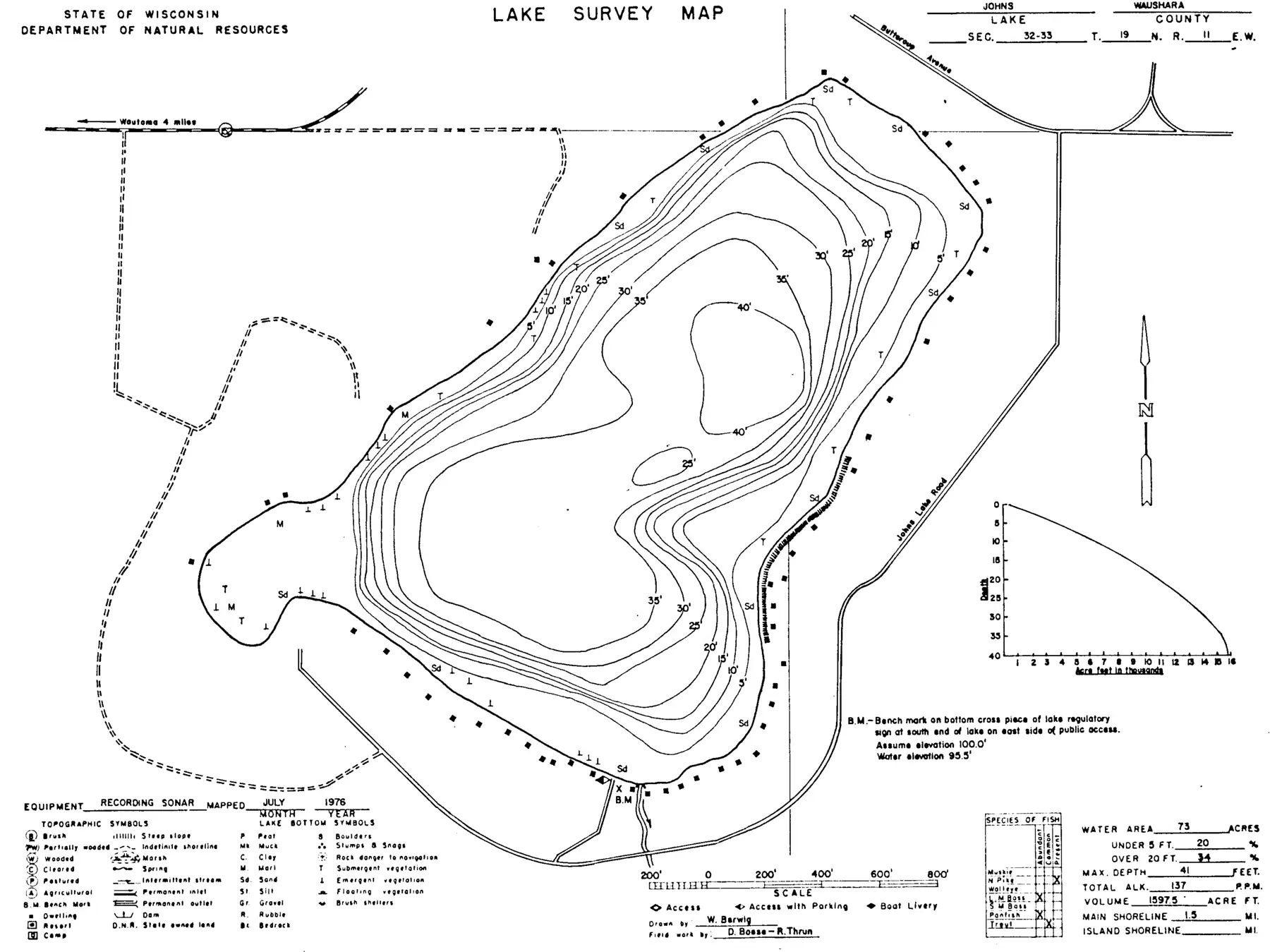 DNR survey map of Johns Lake, with depths in feet. Tap to zoom.
