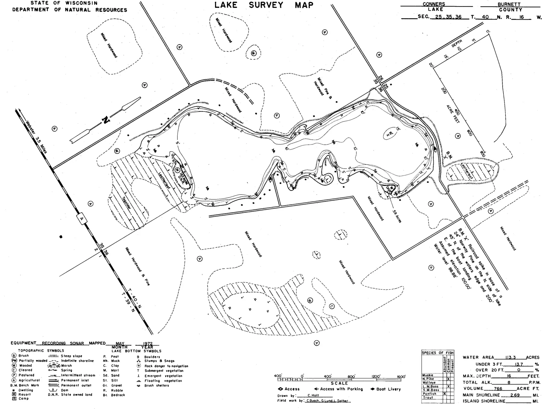 DNR survey map of Conners Lake, with depths in feet. Tap to zoom.