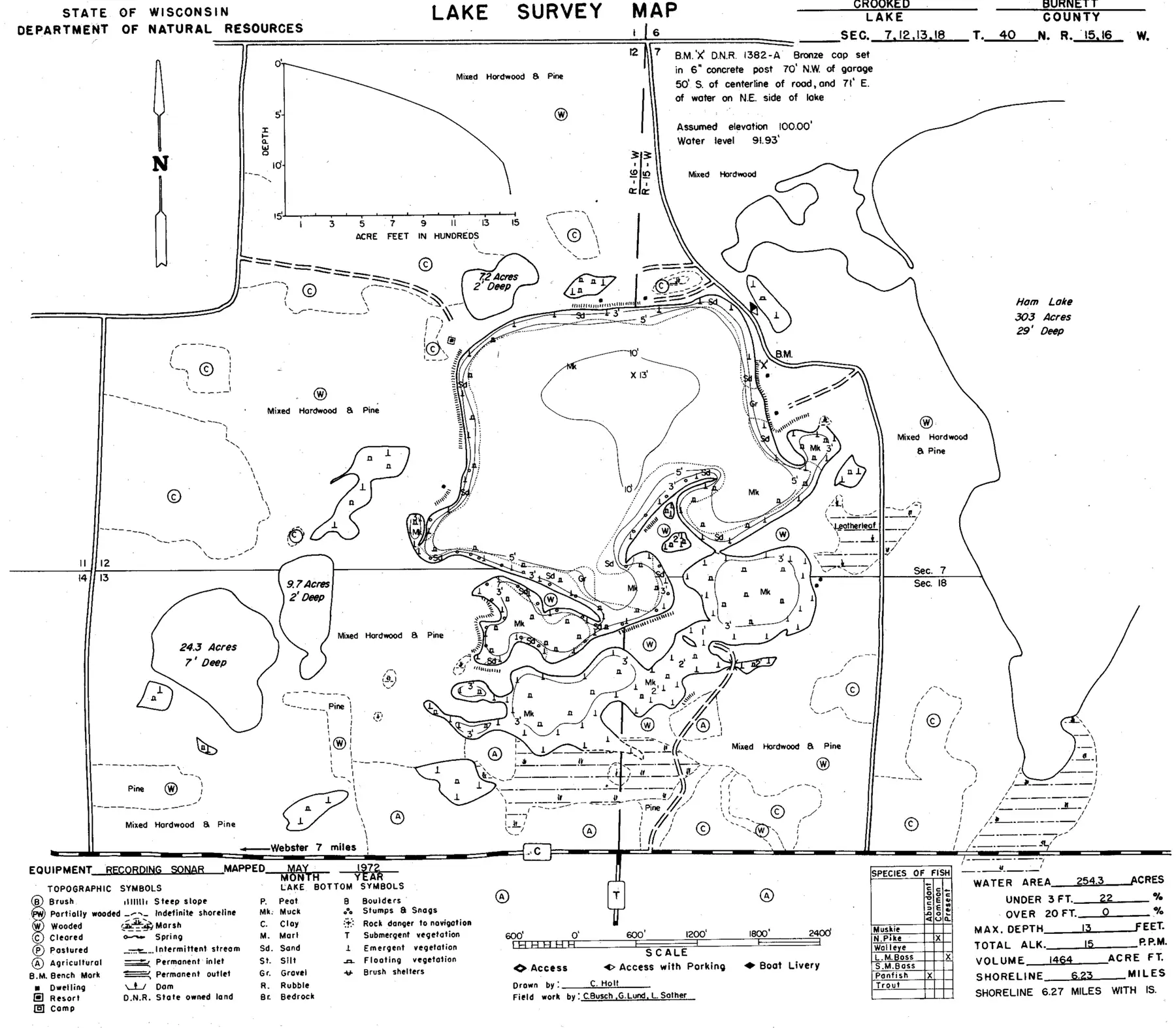 DNR survey map of Crooked Lake, with depths in feet. Tap to zoom.