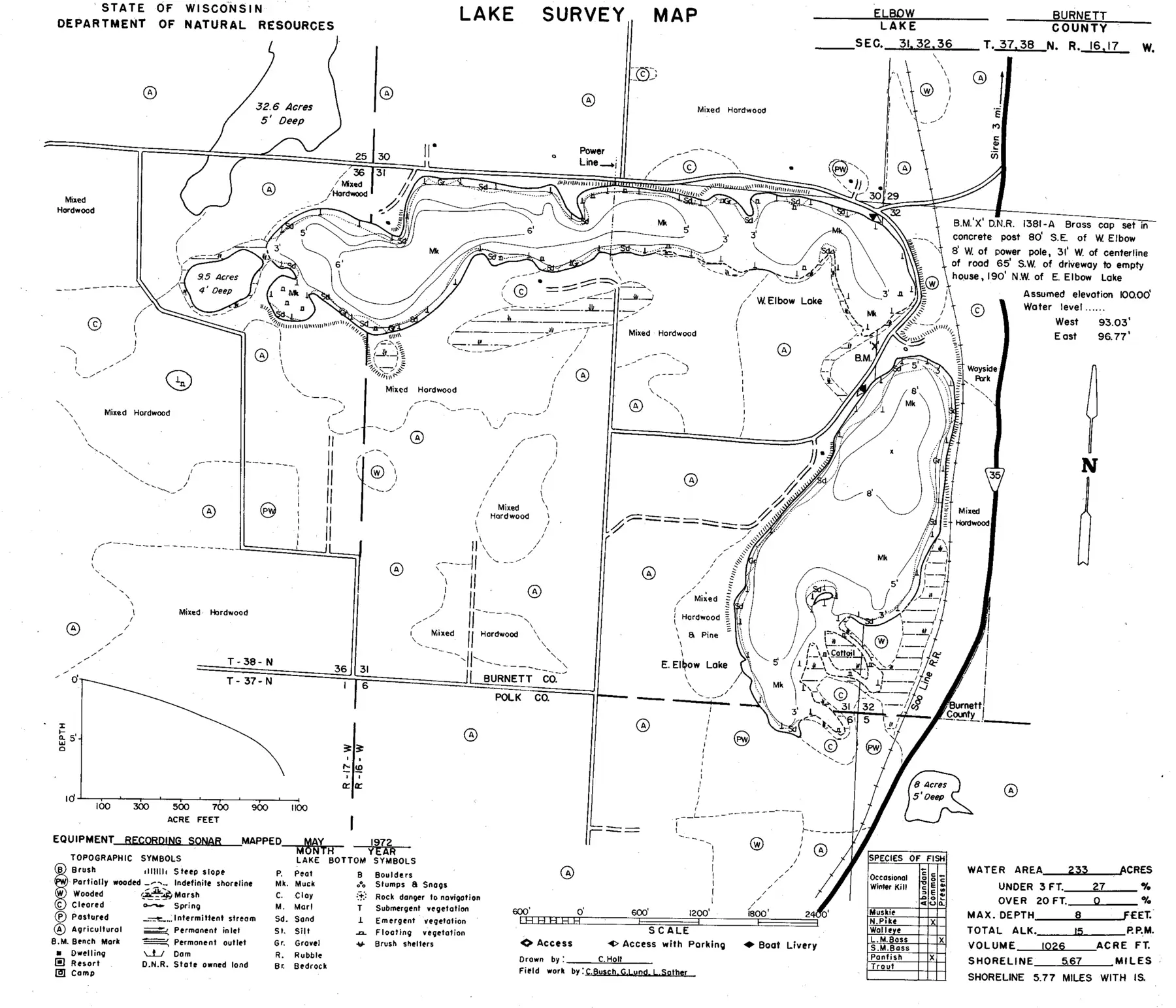 DNR survey map of Elbow Lake, with depths in feet. Tap to zoom.