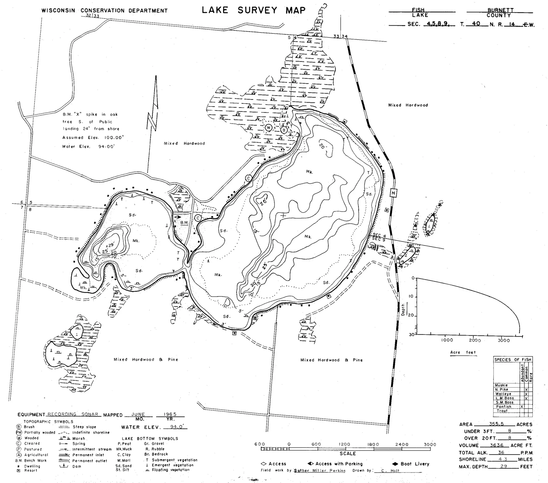 DNR survey map of Fish Lake, with depths in feet. Tap to zoom.