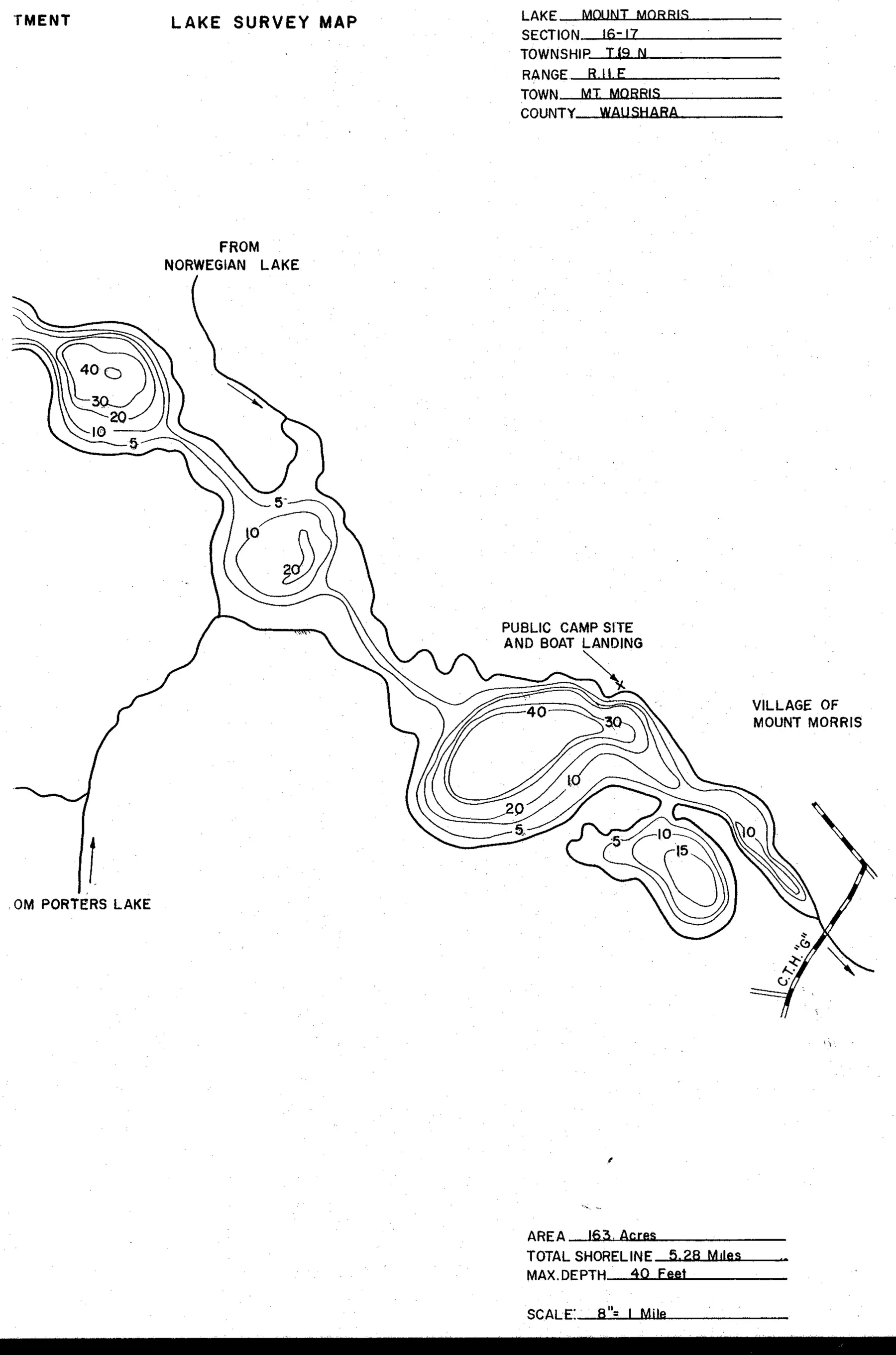 DNR survey map of Lake Morris, sheet 1 of 2, with depths in feet. Tap to zoom.