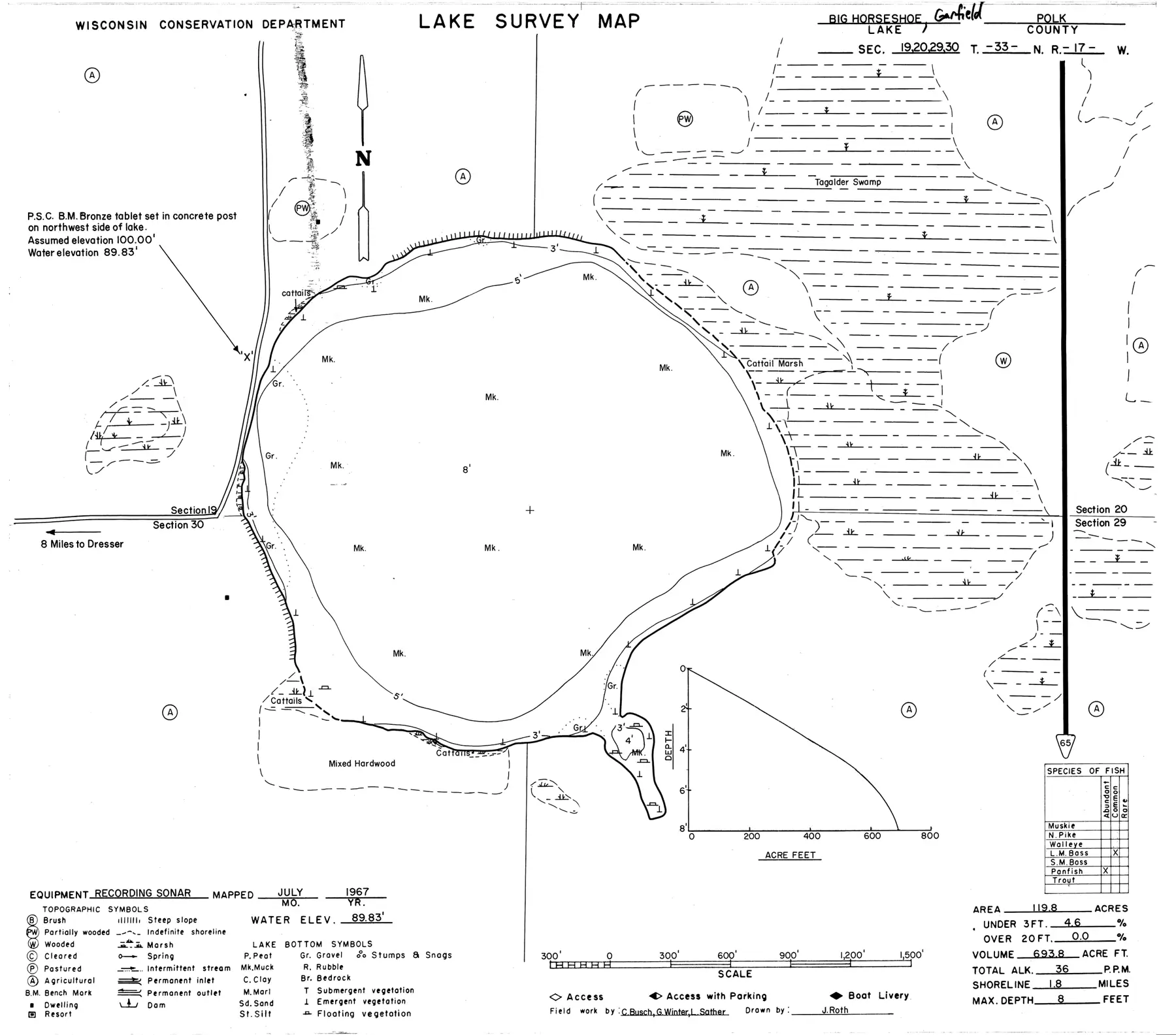 DNR survey map of Horseshoe Lake, with depths in feet. Tap to zoom.