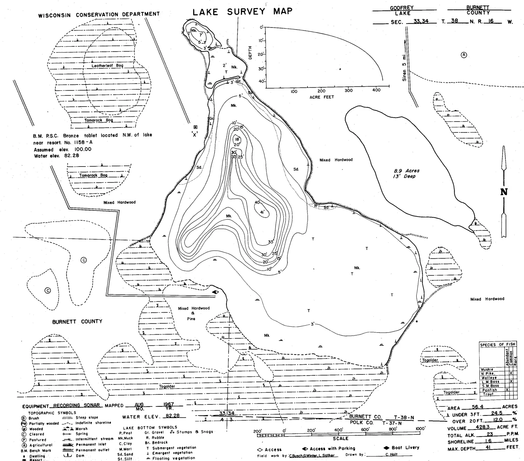 DNR survey map of Godfrey Lake, with depths in feet. Tap to zoom.