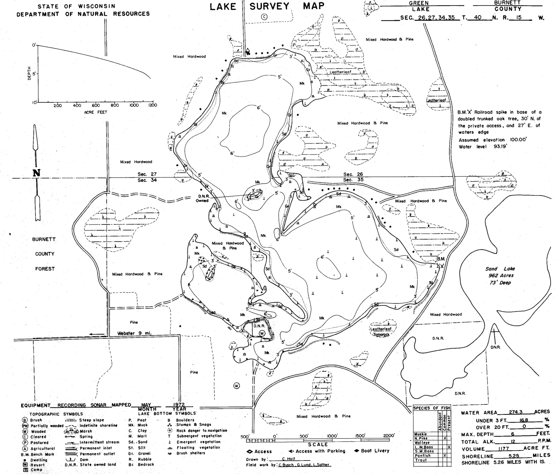 DNR survey map of Green Lake, with depths in feet. Tap to zoom.