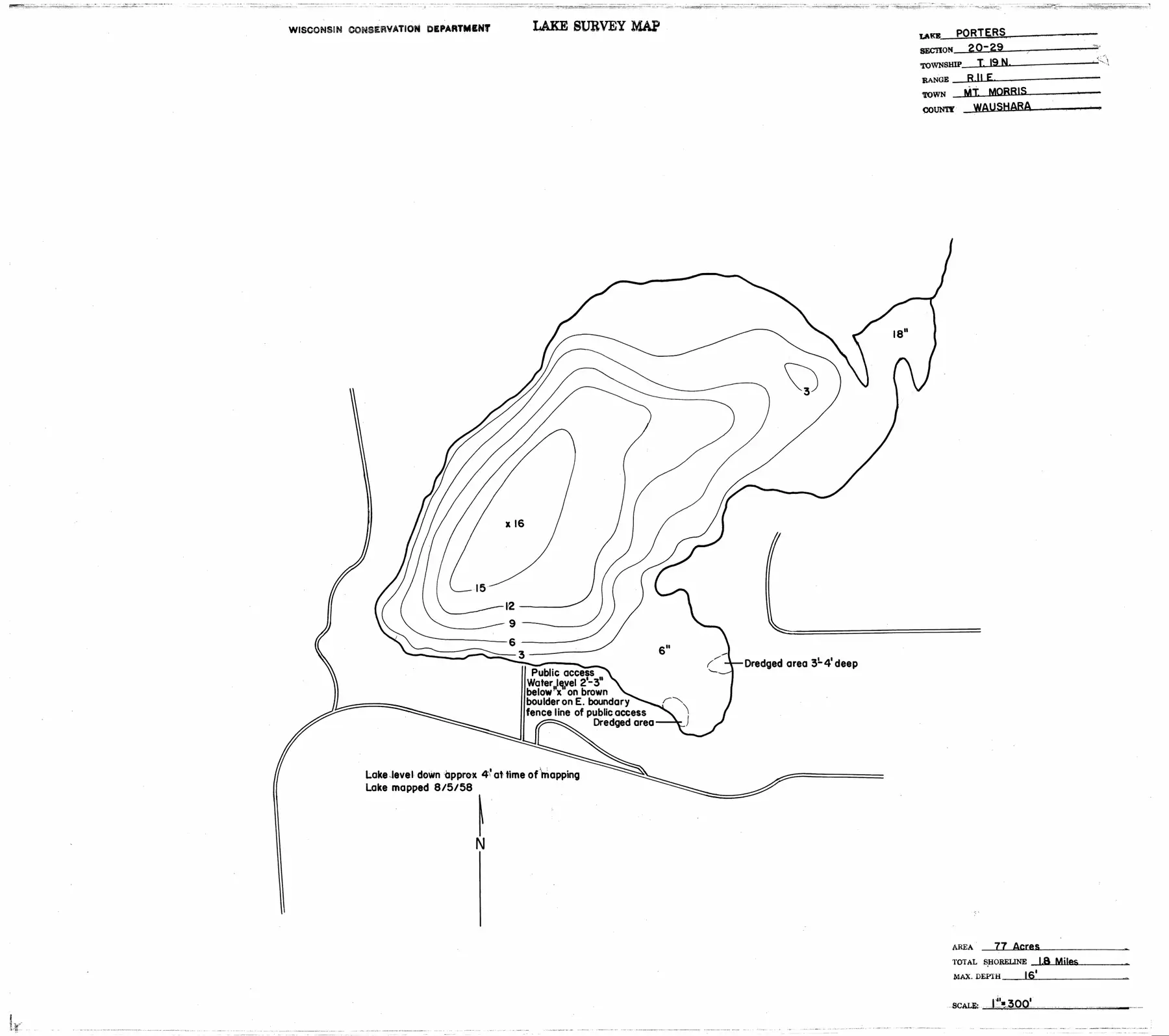 DNR survey map of Porters Lake, with depths in feet. Tap to zoom.