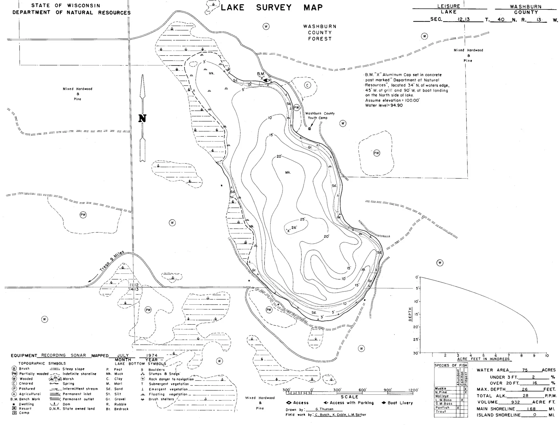 DNR survey map of Leisure Lake, with depths in feet. Tap to zoom.